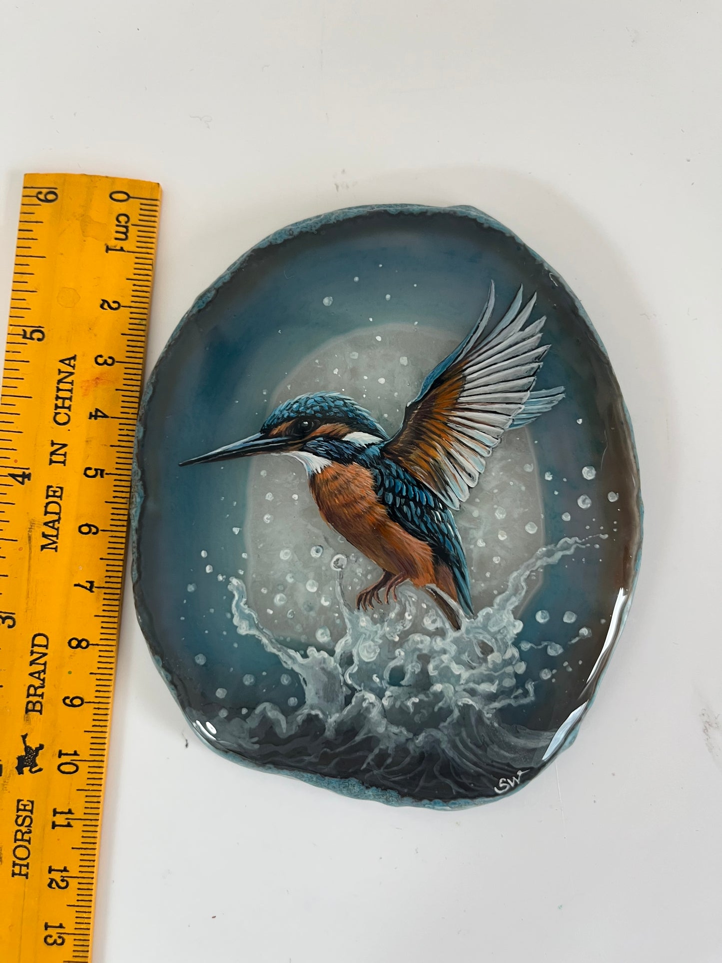 Einzigartige handbemalte Achatscheibe /der Eisvogel/ink.Metallständer