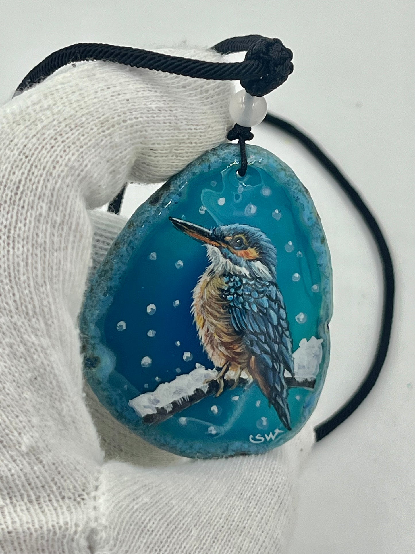 Einzigartige Anhänger /Der Eisvogel/Achat/Hand bemalt Juwelen und tragbare Kunst /Natur Schmuck