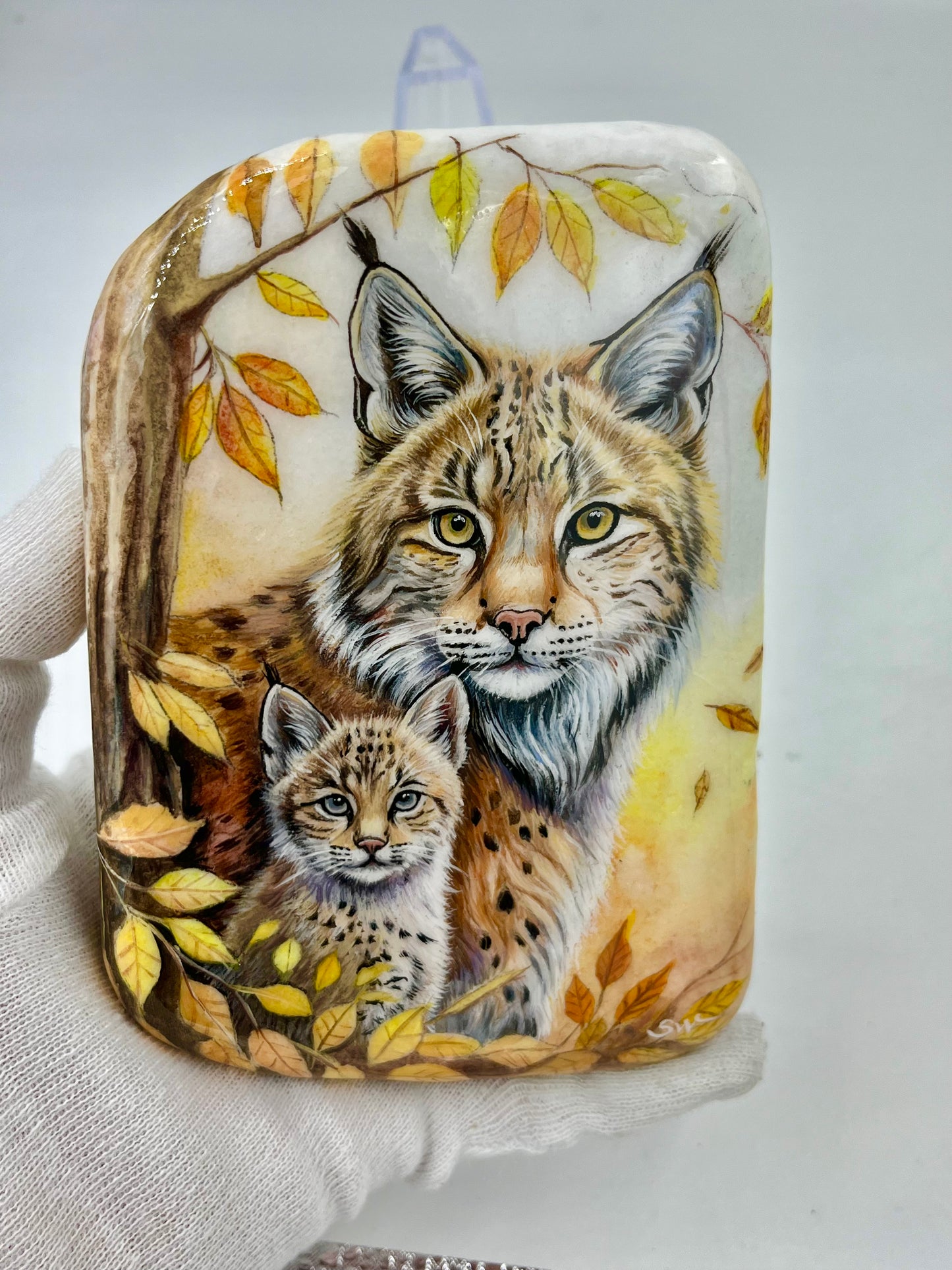 Einzigartig handbemalte Stein-Luchs Mama und Kind-inklusive Tischstaffelei