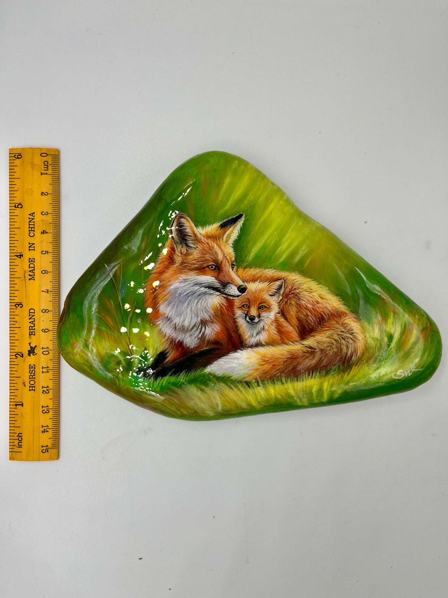 Einzigartig handbemalte Große stein/die Fuchs Mama und Baby/inklusive Tischstaffelei