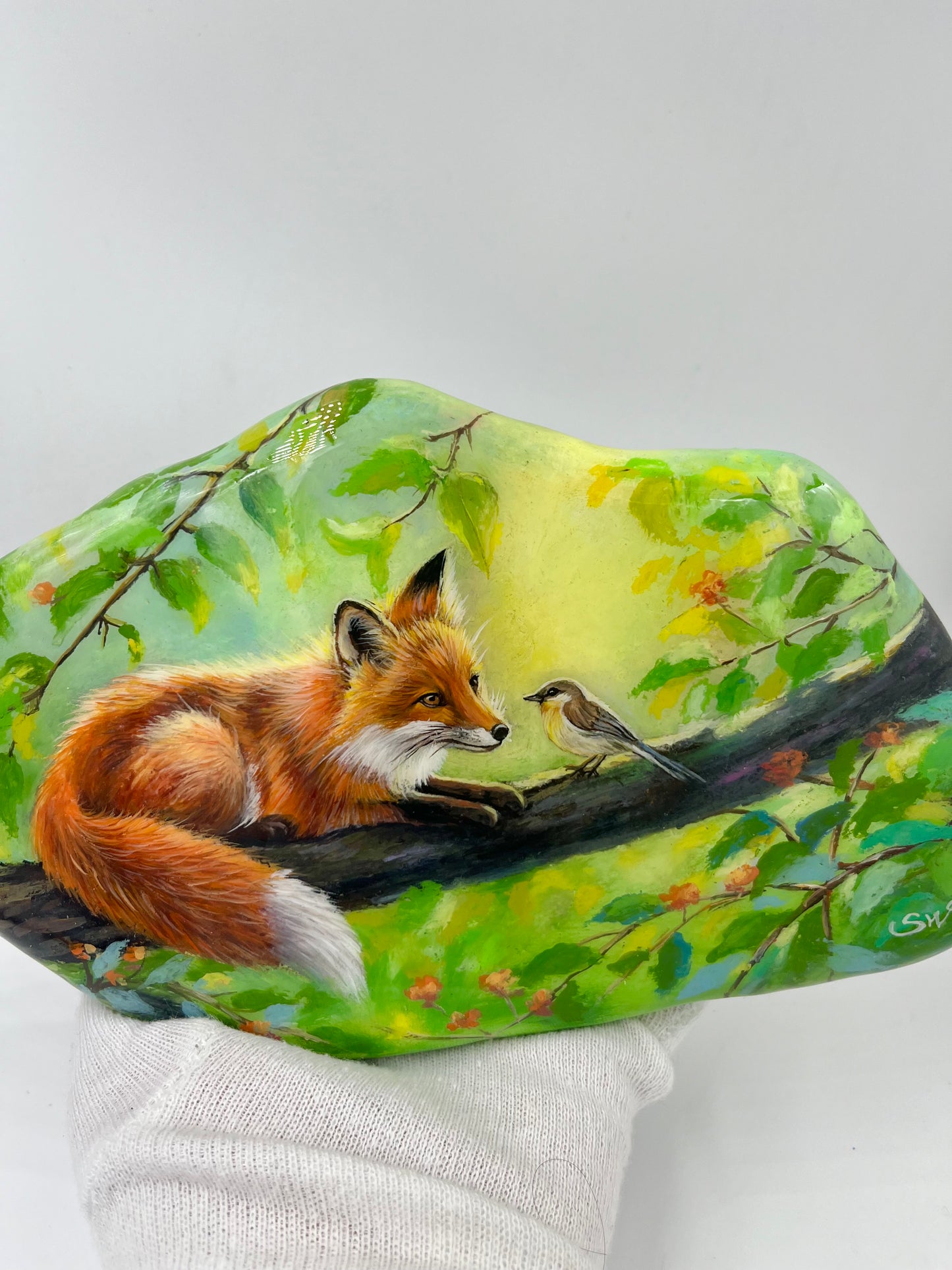 Einzigartig handbemalte Große stein/der Fuchs und der Vogel/inklusive Tischstaffelei
