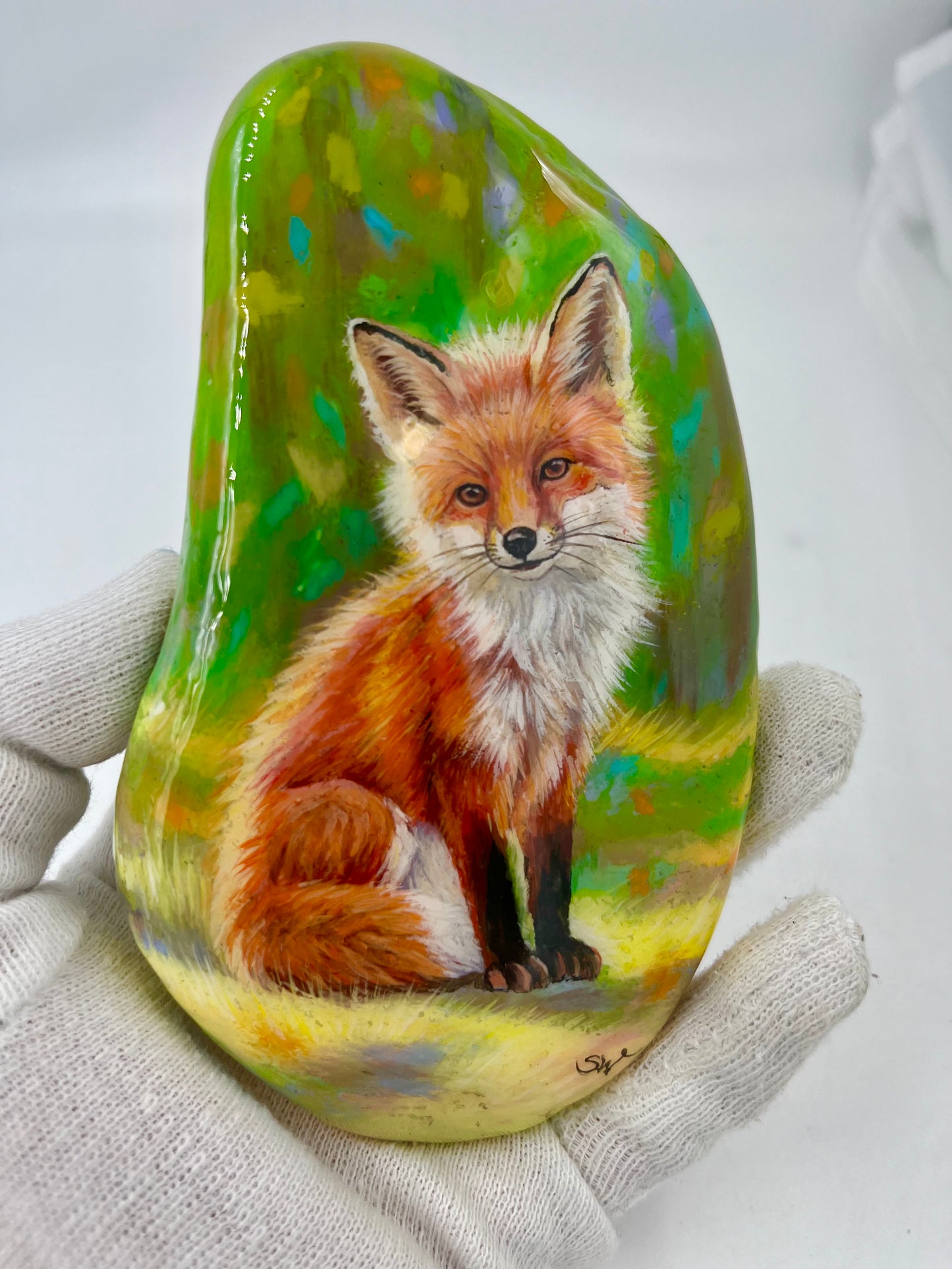 Einzigartig handbemalte Stein/der Fuchs /inklusive Tischstaffelei