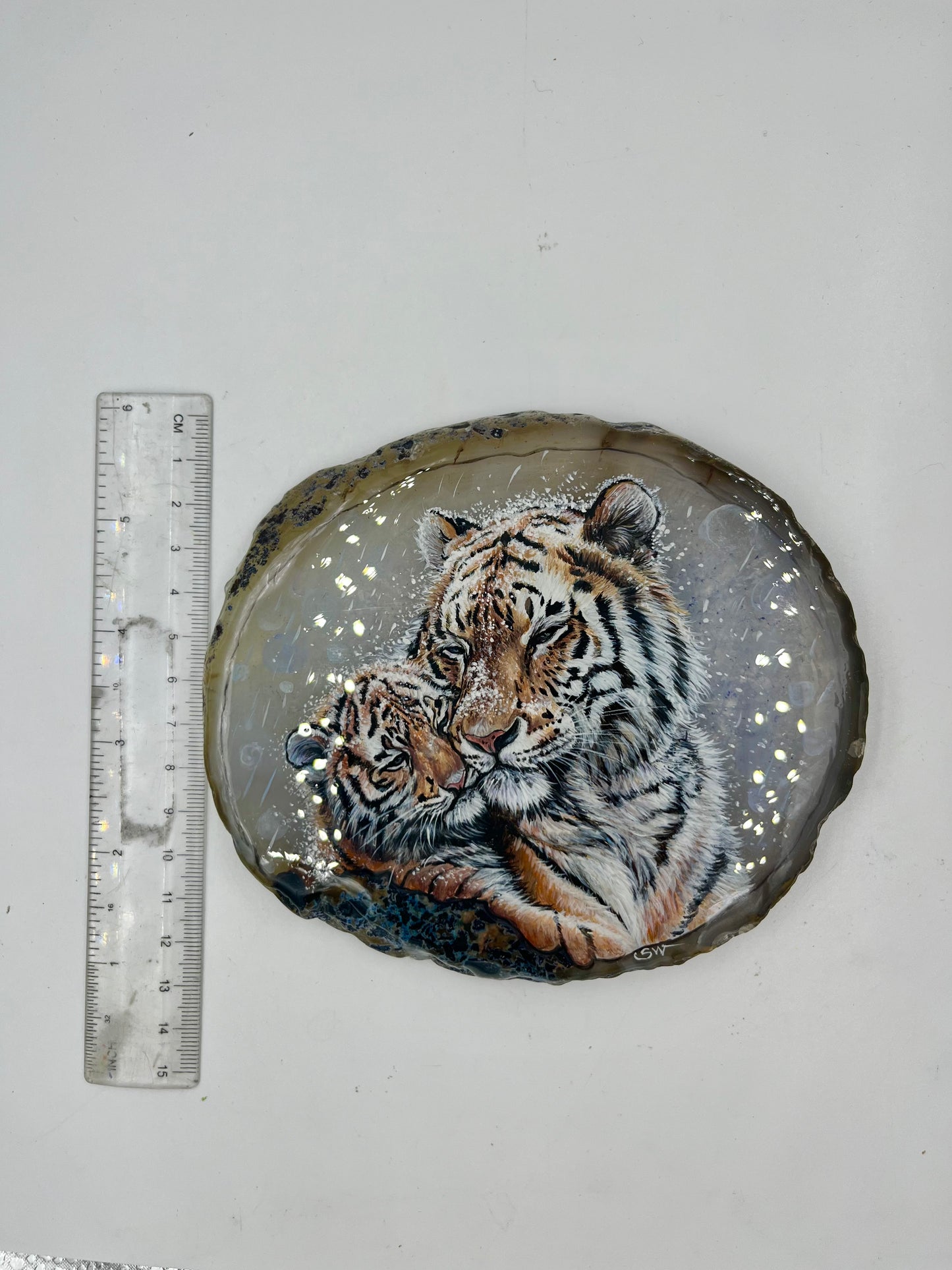 Einzigartige bemalt Achatscheibe/ Tiger Mama und Kind /Hand bemalt /Deko/Tierpotrait/ink.Metallständer