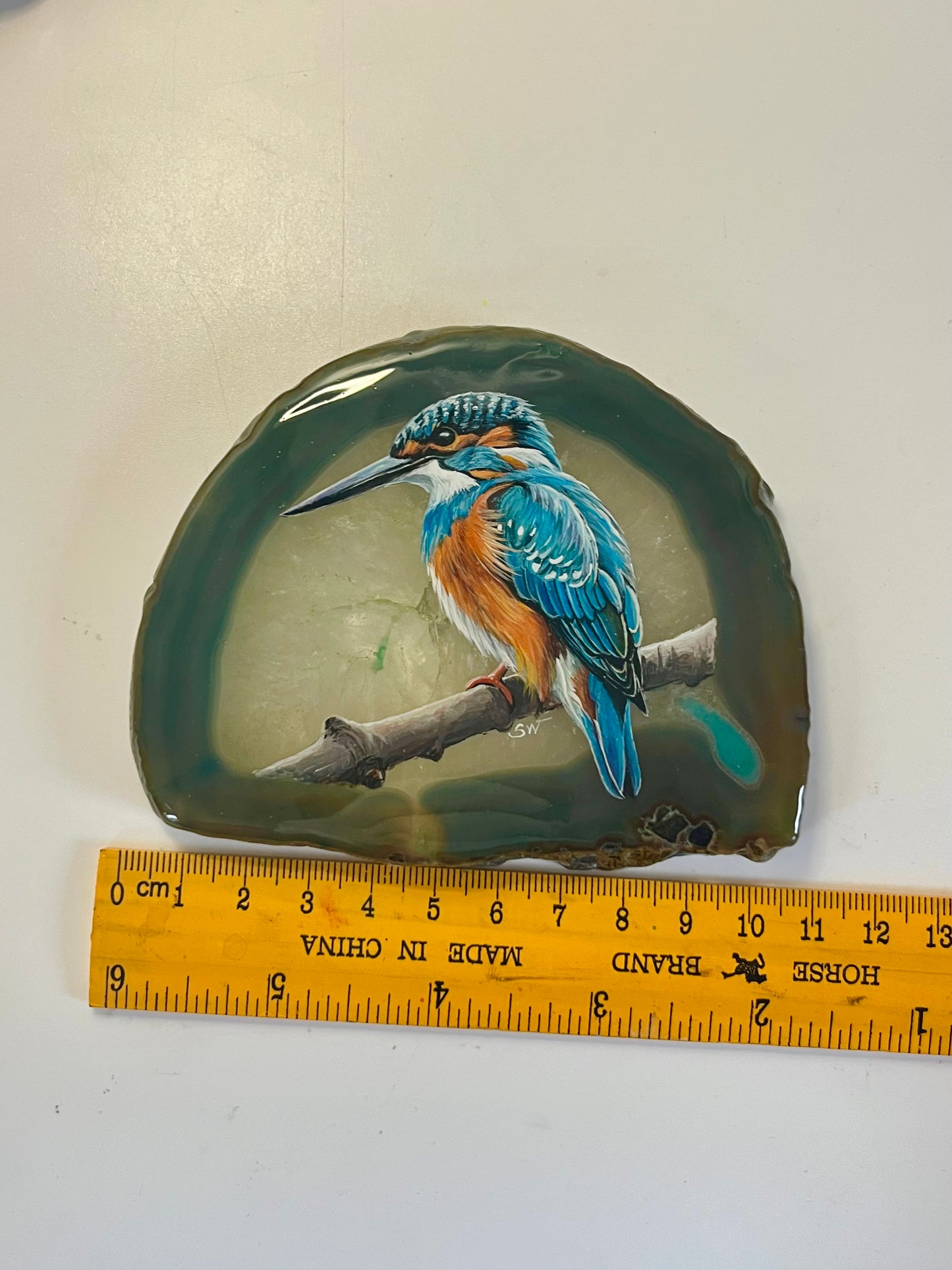 Einzigartige handbemalte Achatscheibe /der Eisvogel/ink.Metallständer