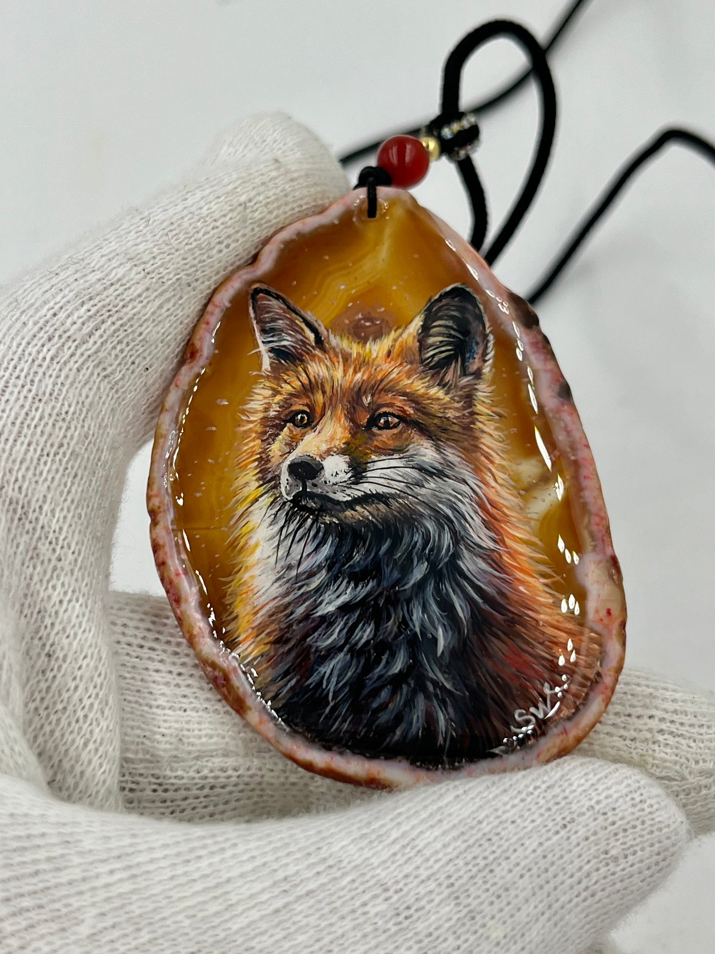 Einzigartige Anhänger /Der Fuchs /Achat/Hand bemalt Juwelen und tragbare Kunst /Natur Schmuck