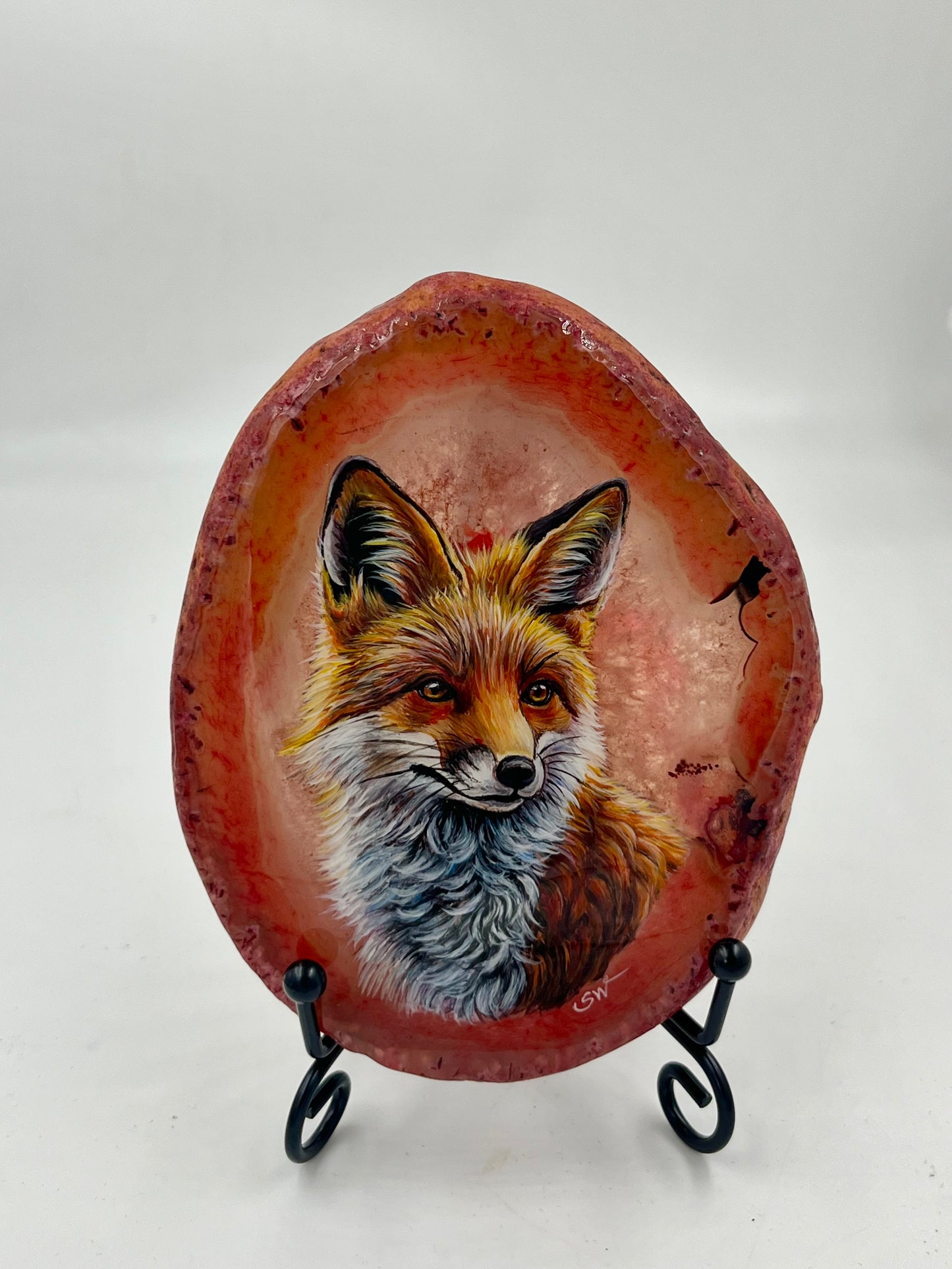 Einzigartige bemalt Achatscheibe/Der Fuchs /Hand bemalt /Deko/Tierpotrait/ink.Metallständer