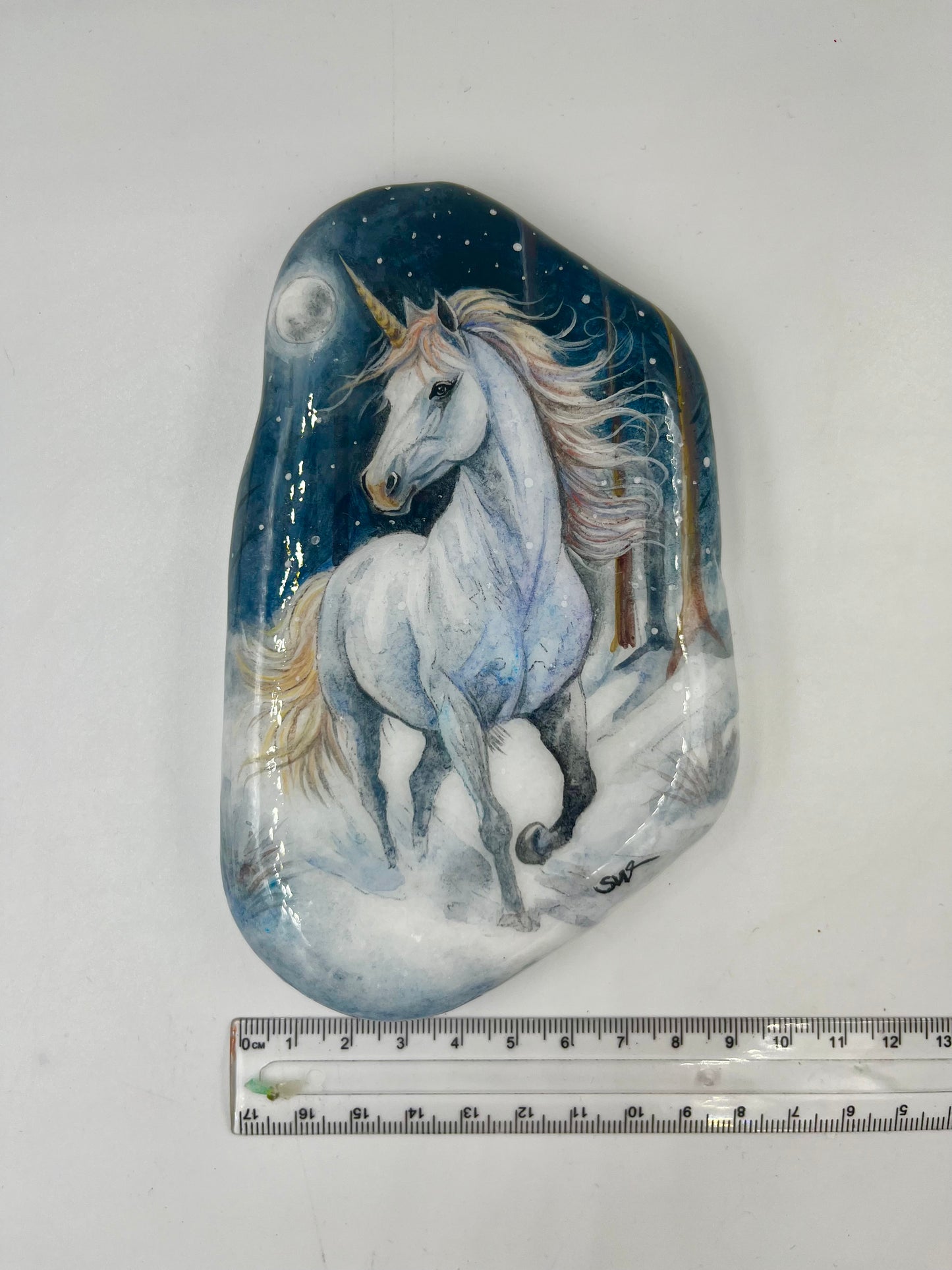 Einzigartig handbemalte Stein-das Einhorn im Nacht -inklusive Tischstaffelei