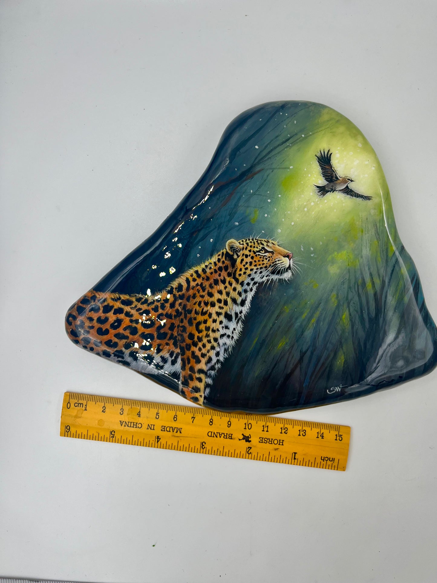 Einzigartig handbemalte Große stein/der Panther und der Vogel/inklusive Tischstaffelei