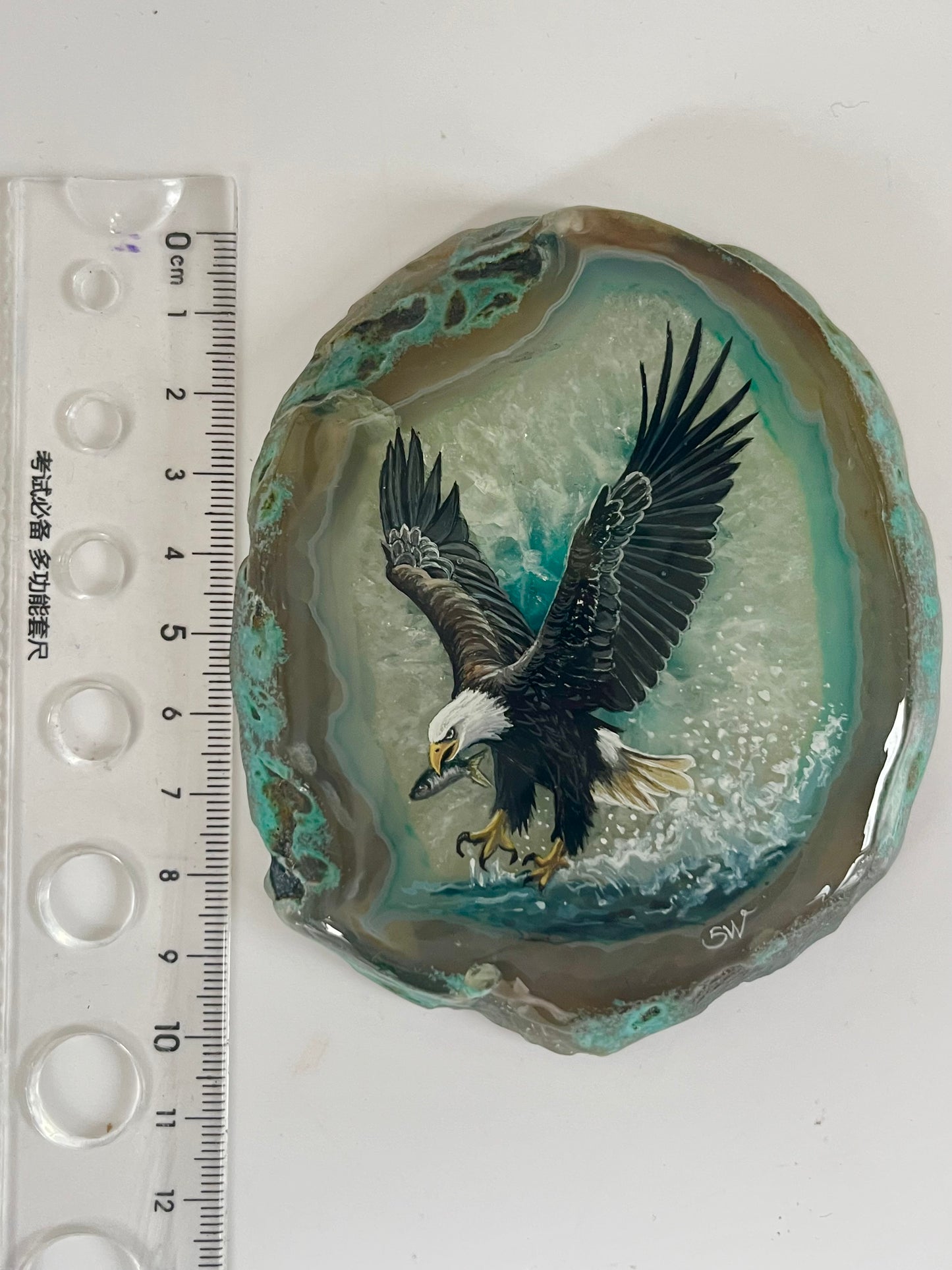 Einzigartige bemalt Achatscheibe/Der Adler /Hand bemalt /Deko/Tierpotrait/ink.Metallständer