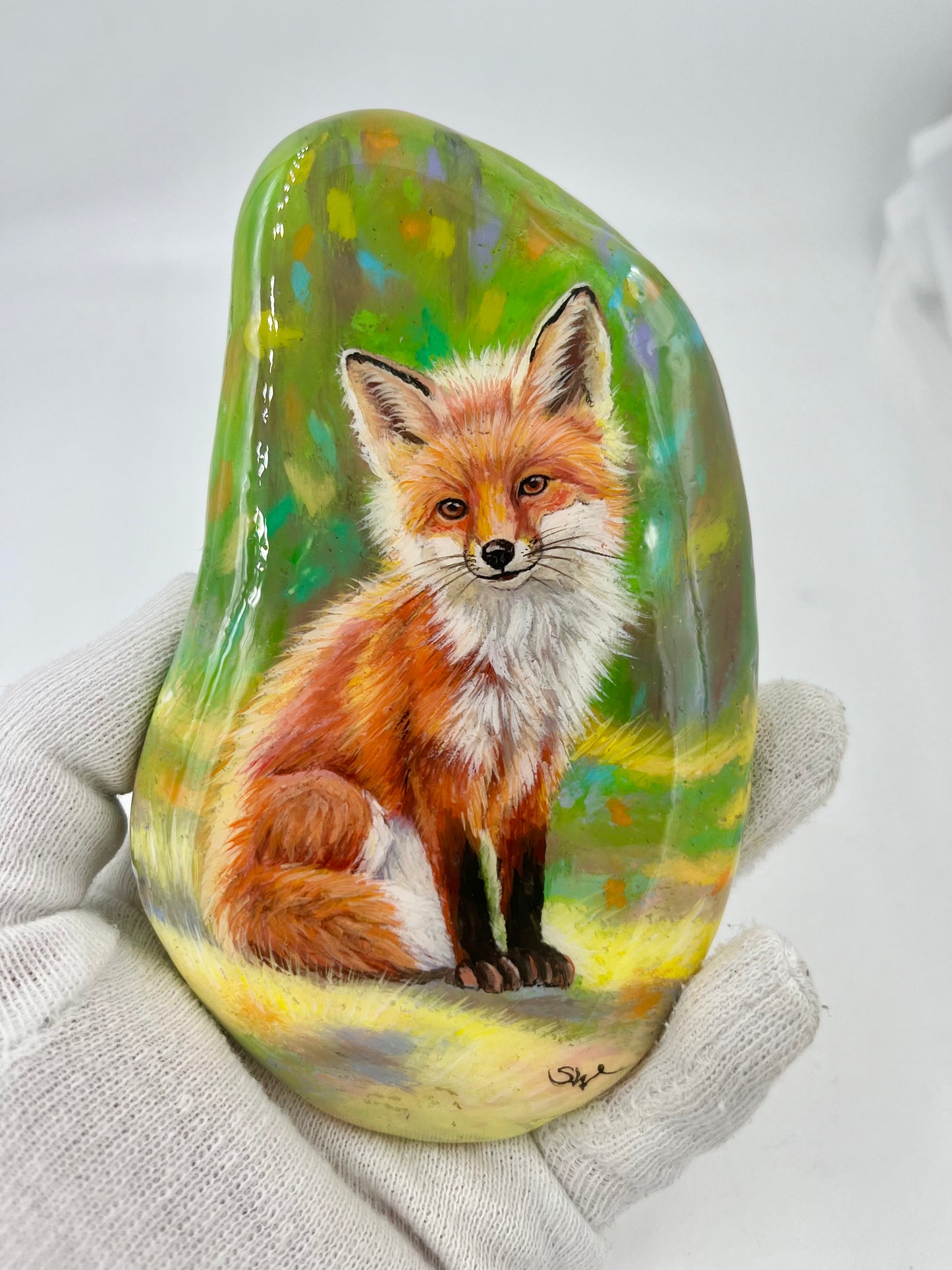 Einzigartig handbemalte Stein/der Fuchs /inklusive Tischstaffelei