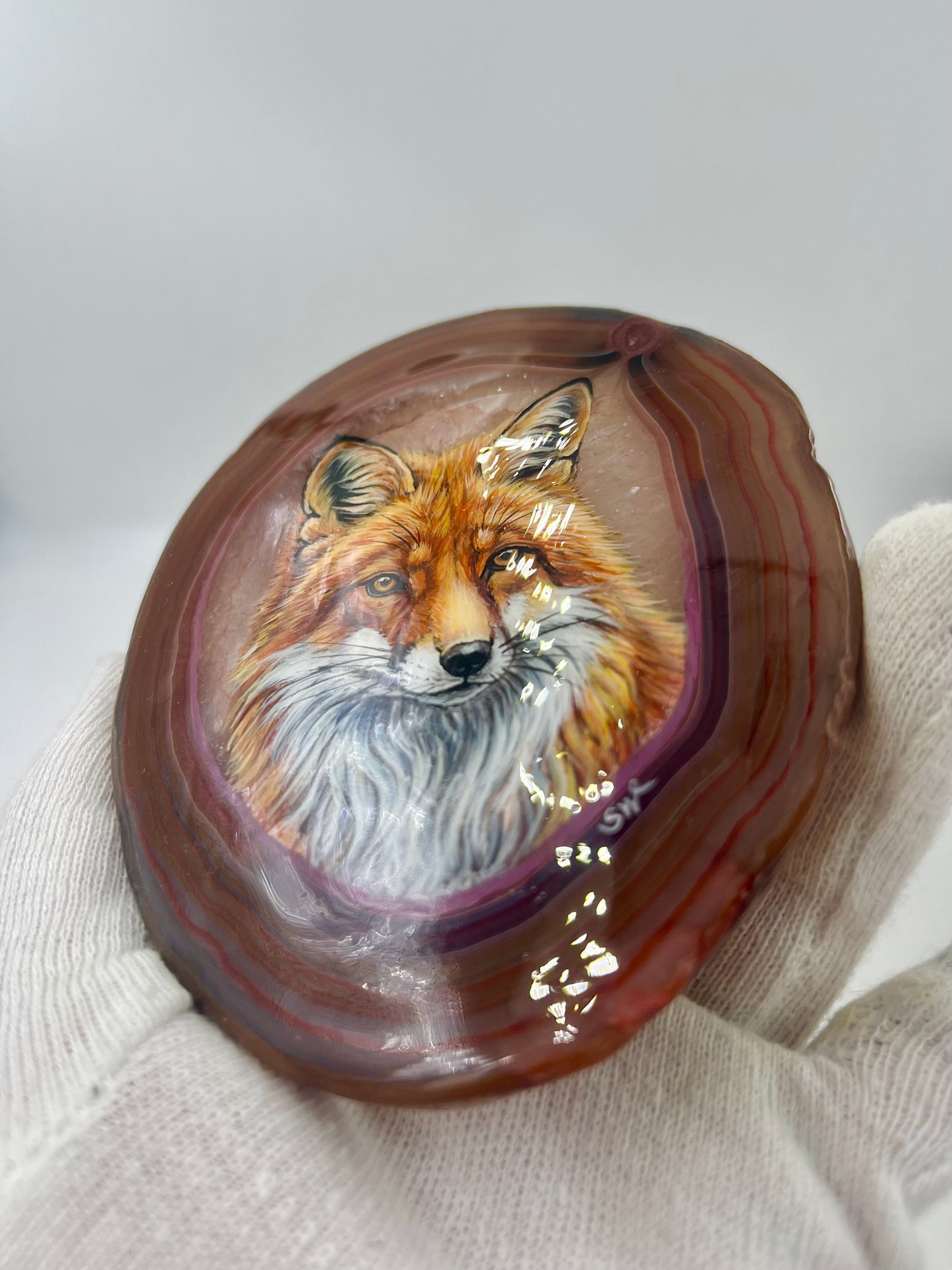 Einzigartige bemalt Achatscheibe/der Fuchs/Hand bemalt /Deko/Tierpotrait/ink.Metallständer