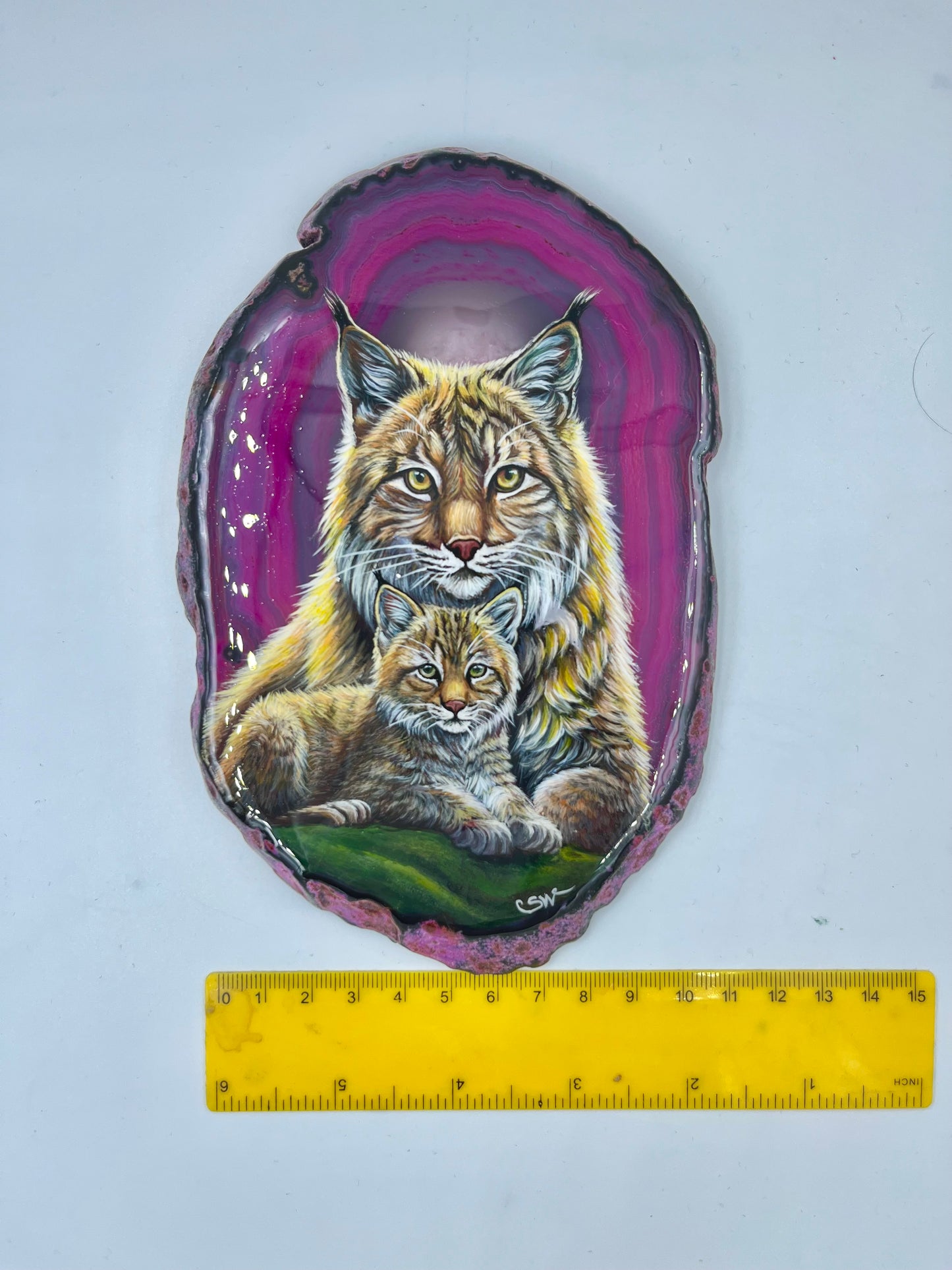 Einziartig handbemalte Achatscheibe /Luchs Mama und Baby