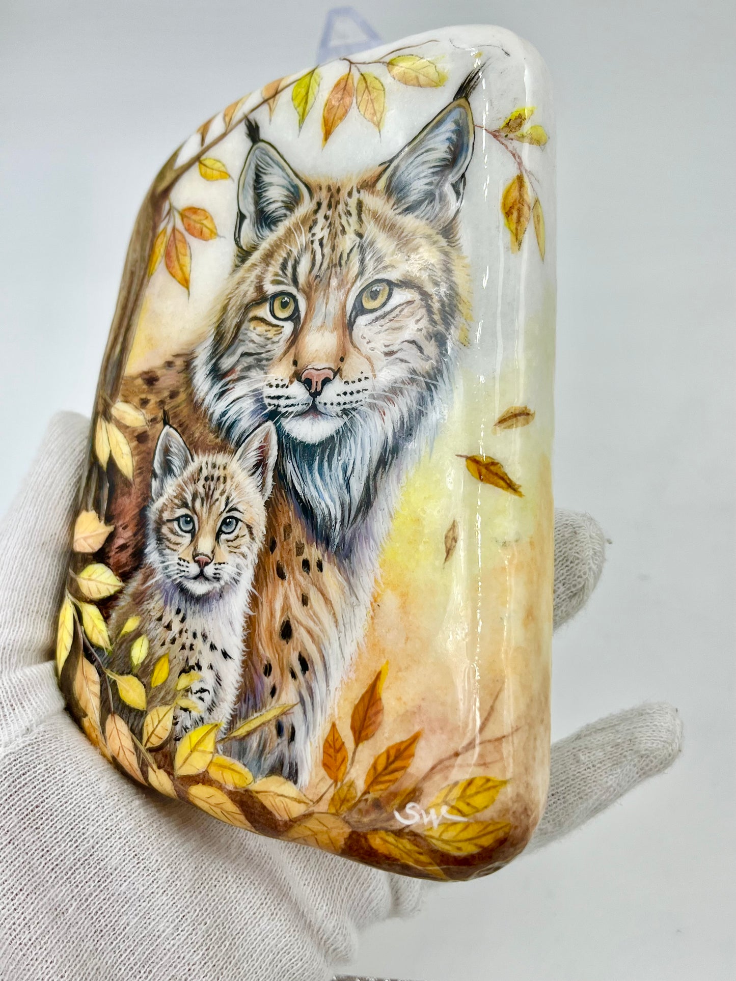 Einzigartig handbemalte Stein-Luchs Mama und Kind-inklusive Tischstaffelei