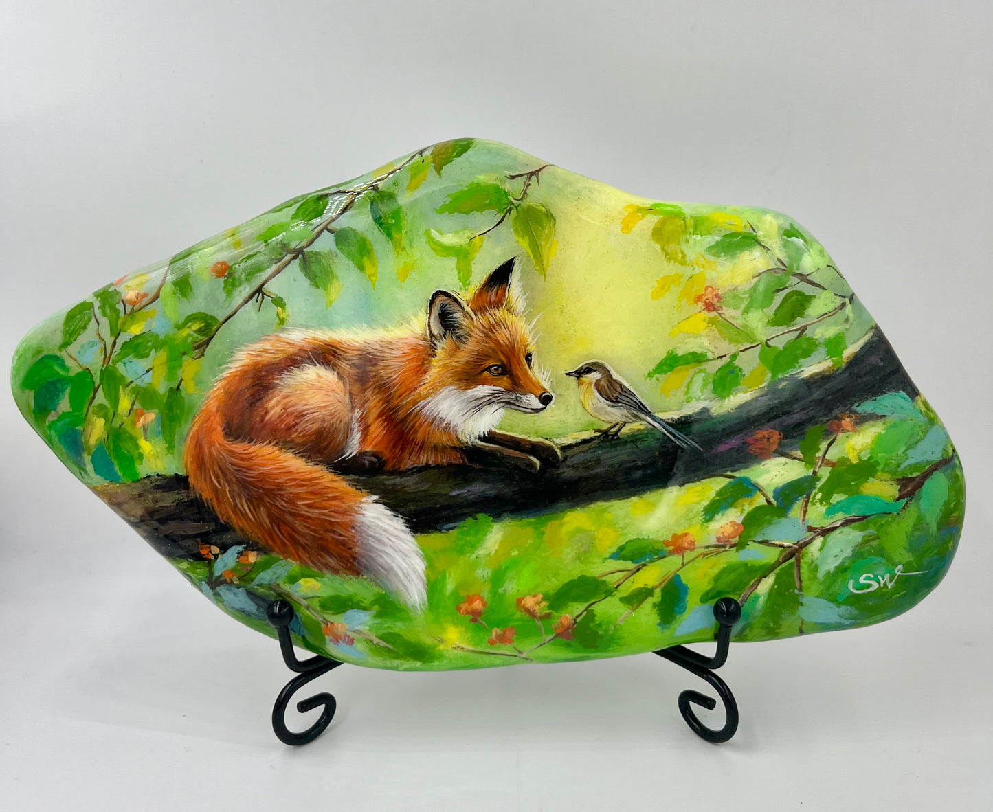 Einzigartig handbemalte Große stein/der Fuchs und der Vogel/inklusive Tischstaffelei