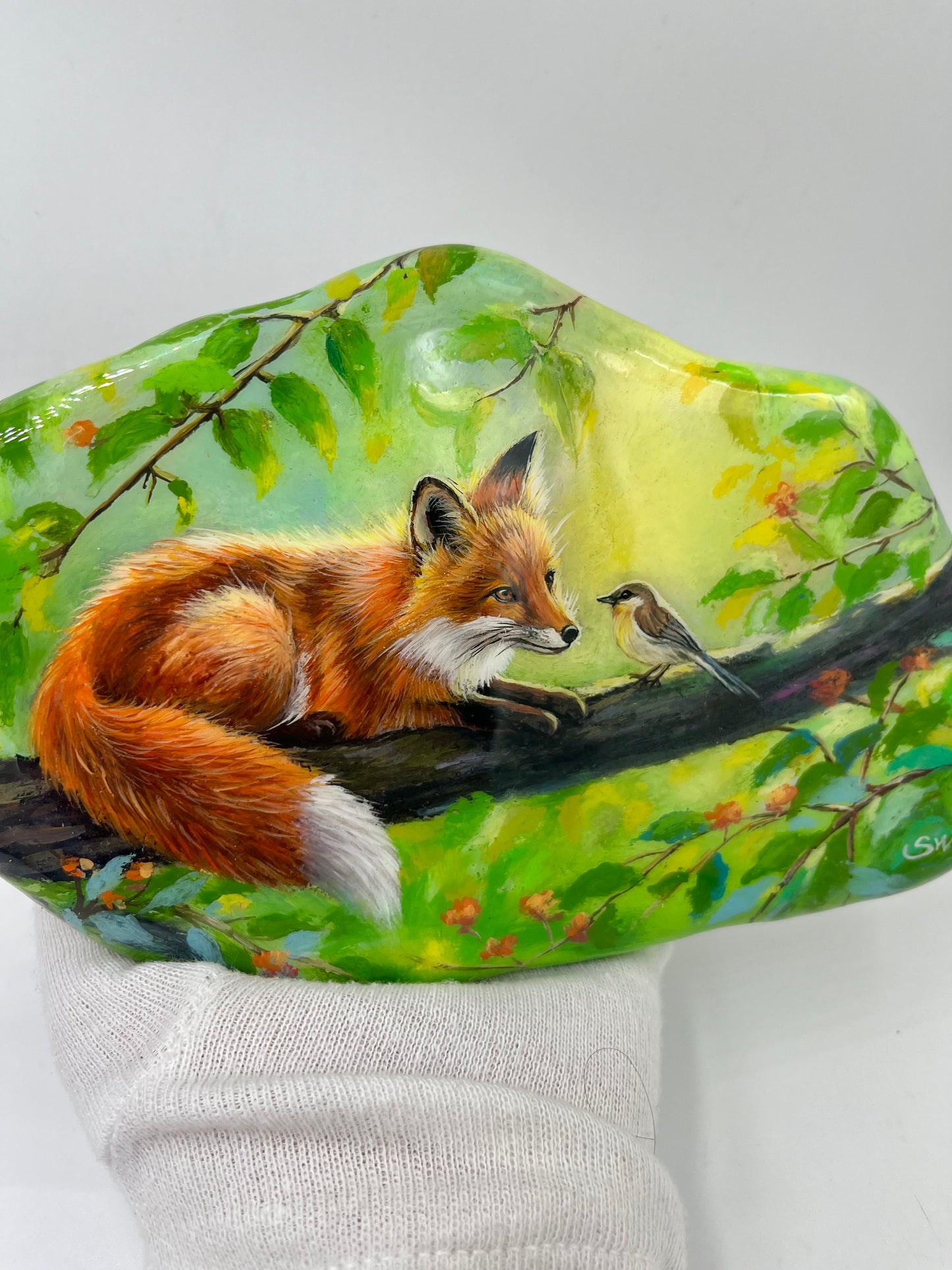 Einzigartig handbemalte Große stein/der Fuchs und der Vogel/inklusive Tischstaffelei