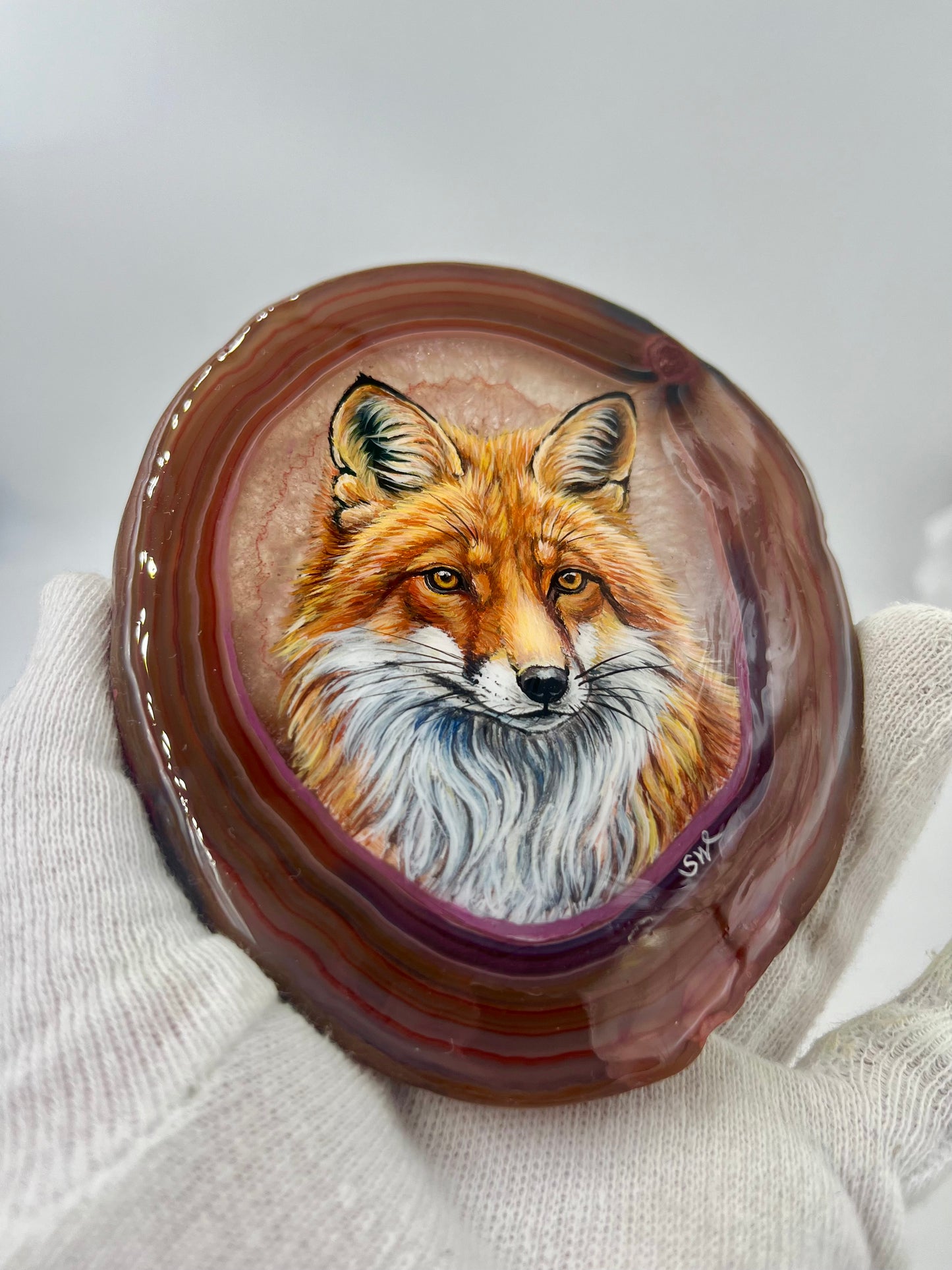 Einzigartige bemalt Achatscheibe/der Fuchs/Hand bemalt /Deko/Tierpotrait/ink.Metallständer