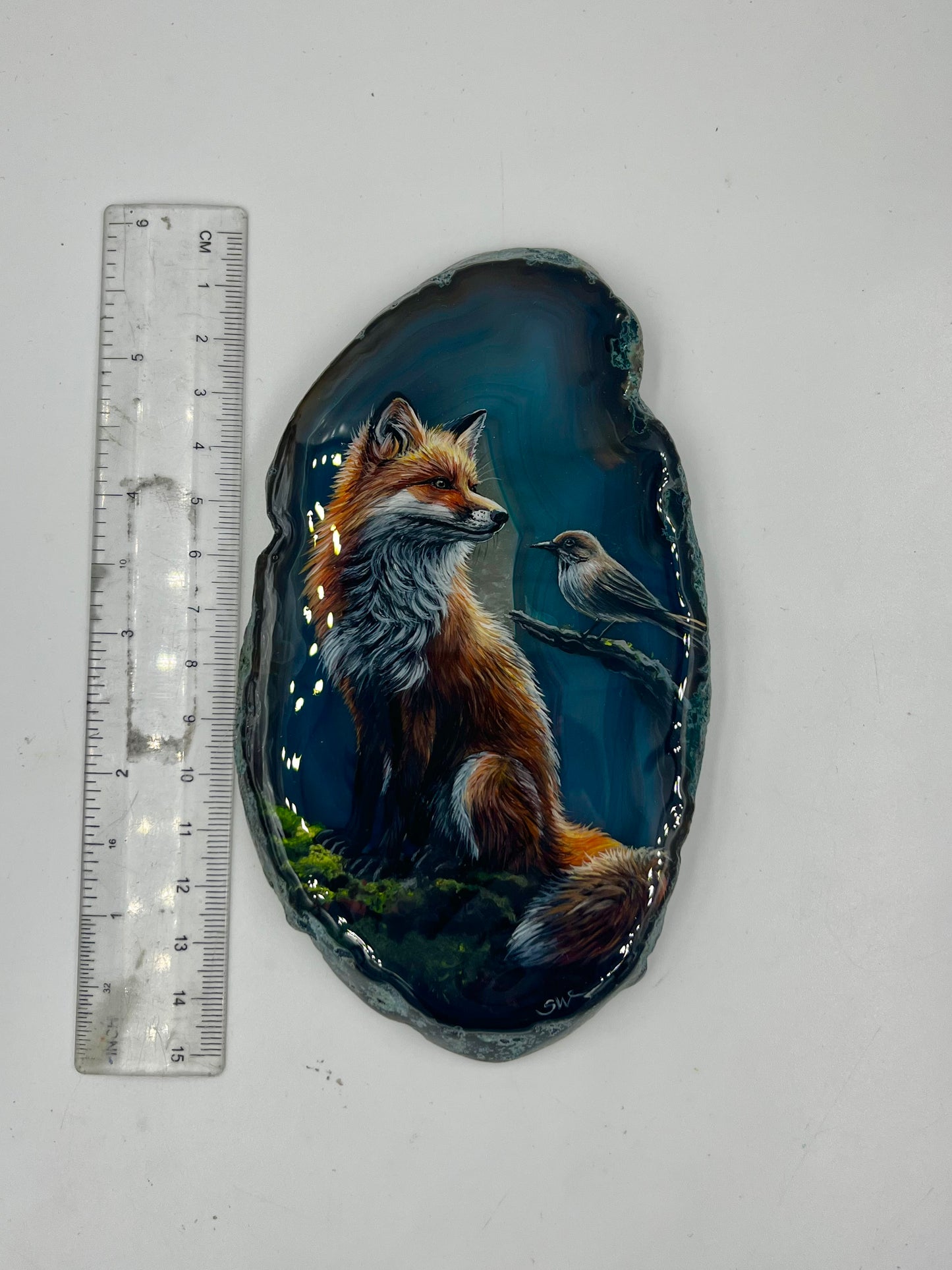 Einzigartige bemalt Achatscheibe/ Der Fuchs und der Vogel /Hand bemalt /Deko/Tierpotrait/ink.Metallständer