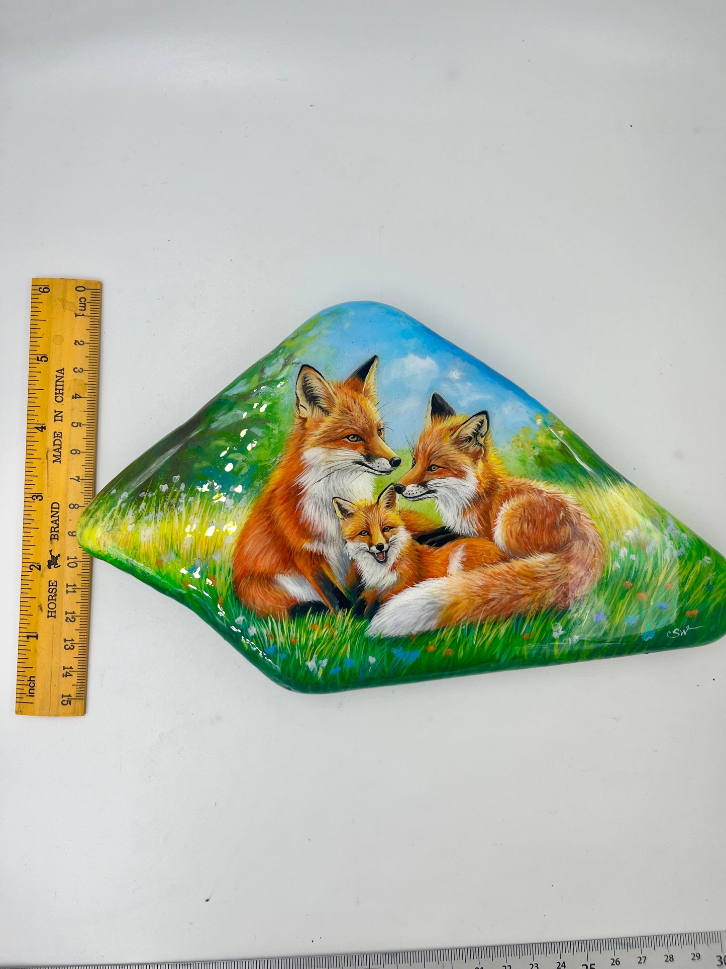 Einzigartig handbemalte Große stein/die Fuchsfamilie/inklusive Tischstaffelei
