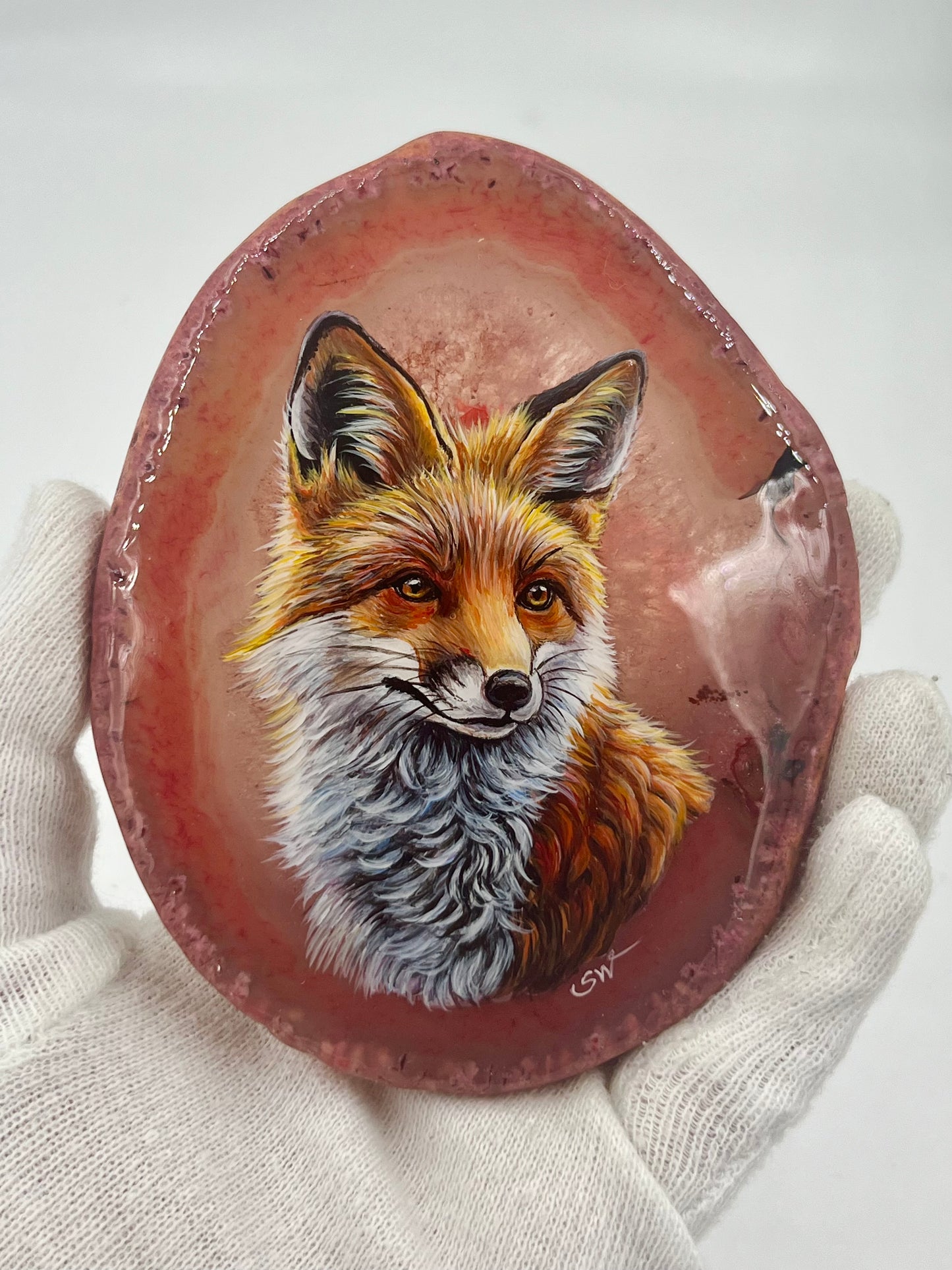 Einzigartige bemalt Achatscheibe/Der Fuchs /Hand bemalt /Deko/Tierpotrait/ink.Metallständer