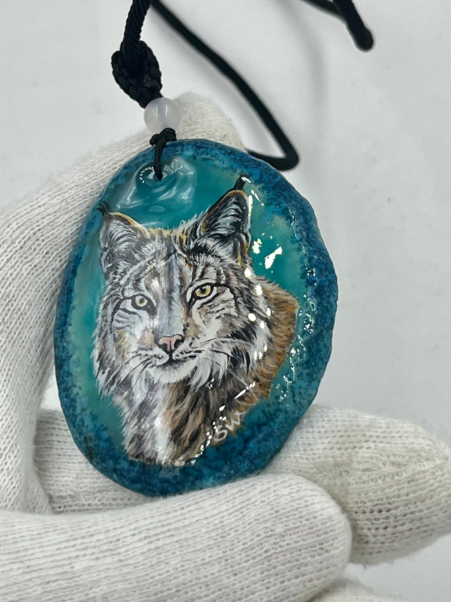 Einzigartige Anhänger /Der Luchs/Achat/Hand bemalt Juwelen und tragbare Kunst /Natur Schmuck