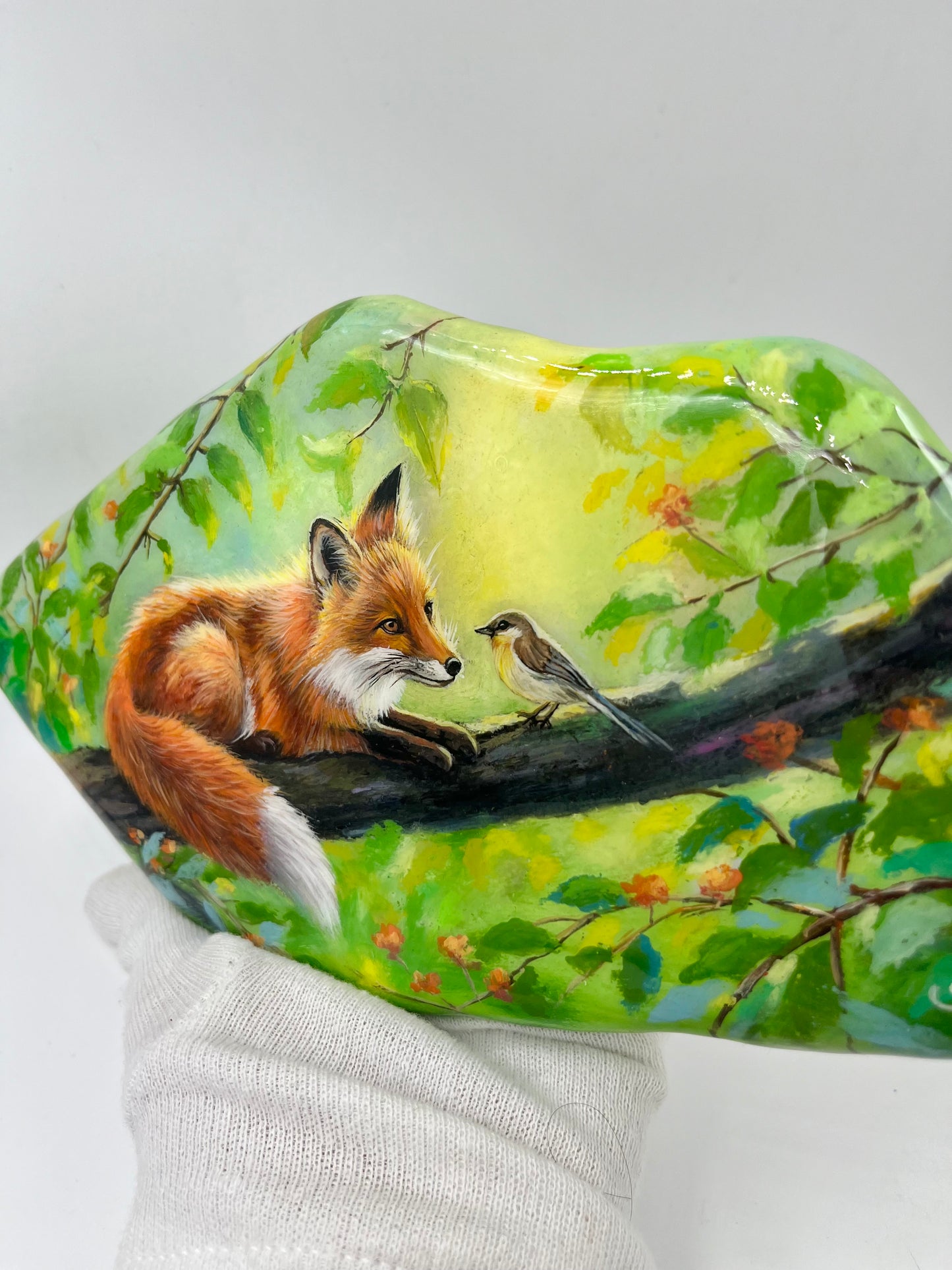Einzigartig handbemalte Große stein/der Fuchs und der Vogel/inklusive Tischstaffelei