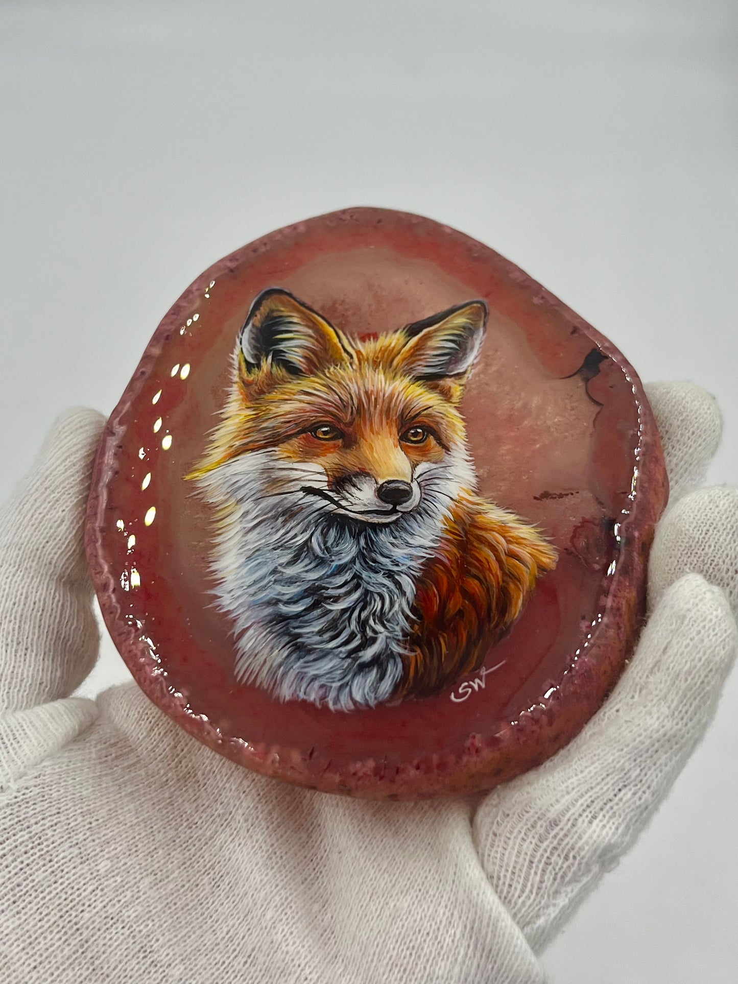 Einzigartige bemalt Achatscheibe/Der Fuchs /Hand bemalt /Deko/Tierpotrait/ink.Metallständer