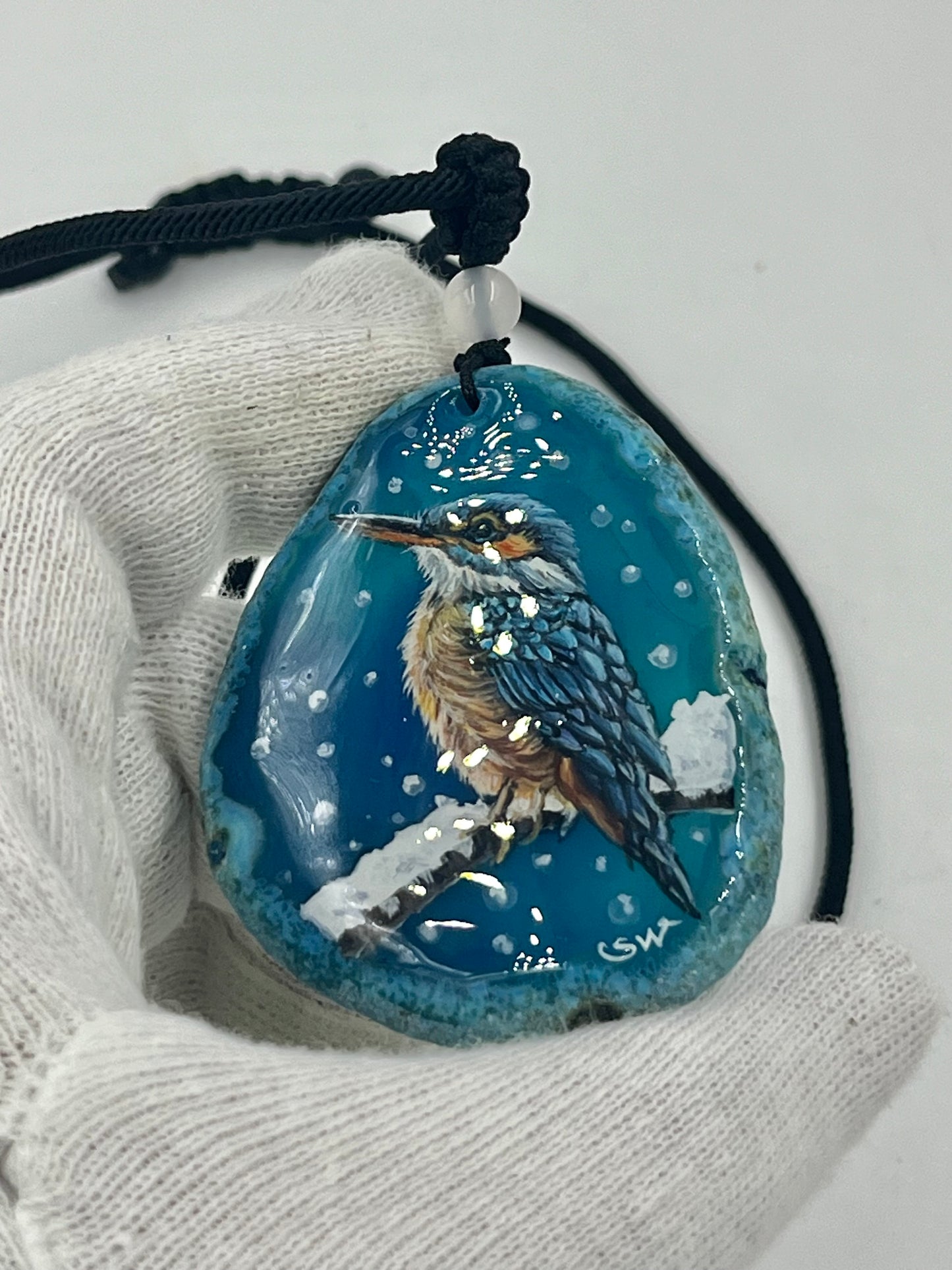 Einzigartige Anhänger /Der Eisvogel/Achat/Hand bemalt Juwelen und tragbare Kunst /Natur Schmuck