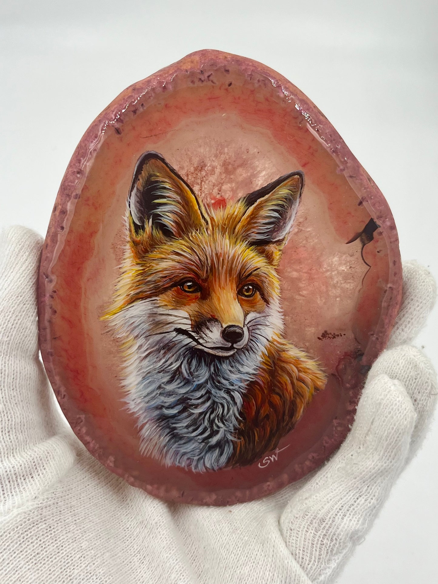 Einzigartige bemalt Achatscheibe/Der Fuchs /Hand bemalt /Deko/Tierpotrait/ink.Metallständer