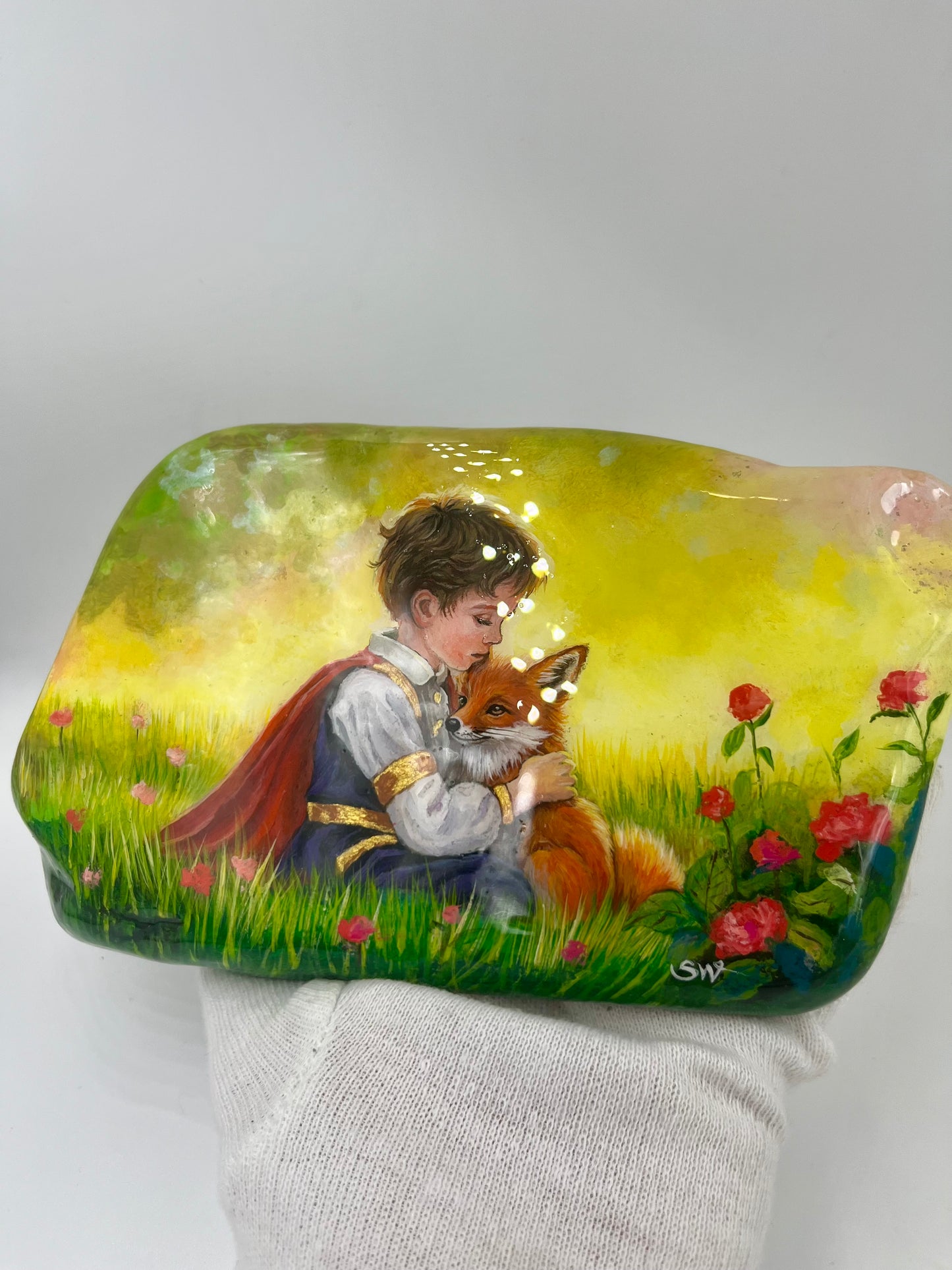 Einzigartig handbemalte Stein/der Der kleine Prinz und der Fuchs /inklusive Tischstaffelei