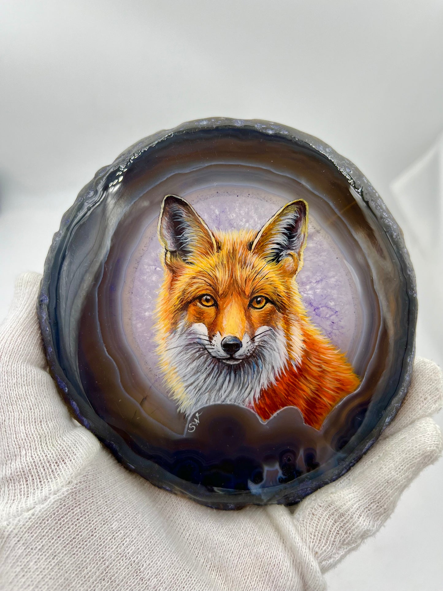 Einzigartige bemalt Achatscheibe/Der Fuchs /Hand bemalt /Deko/Tierpotrait/ink.Metallständer