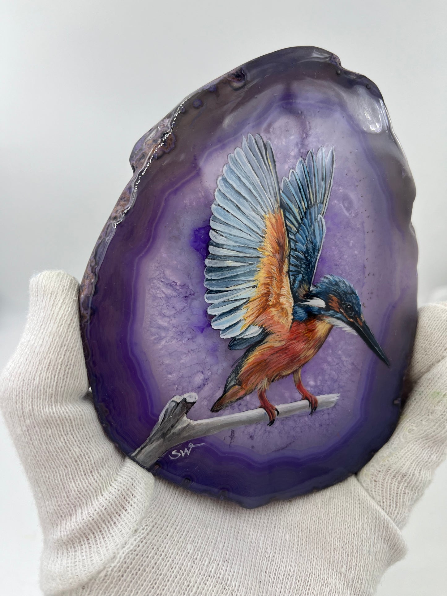 Einzigartige handbemalte Achatscheibe /der Eisvogel/ink.Metallständer