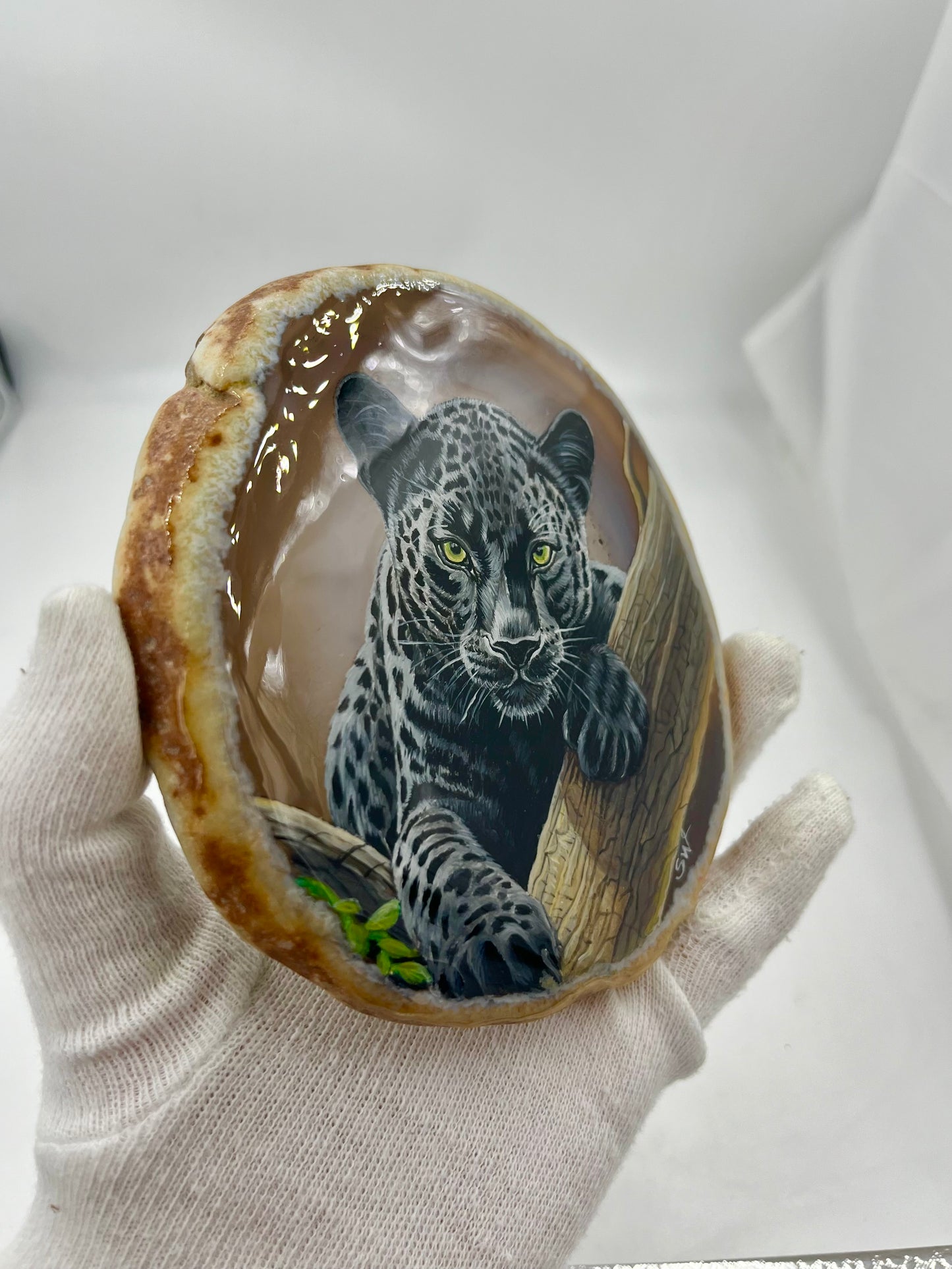Einzigartige bemalt Achatscheibe/Ein schwarzer Panther /Hand bemalt /Deko/Tierpotrait/ink.Metallständer