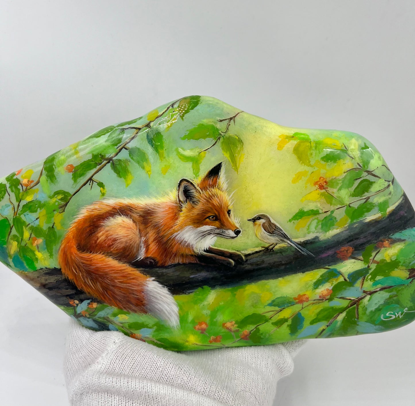 Einzigartig handbemalte Große stein/der Fuchs und der Vogel/inklusive Tischstaffelei