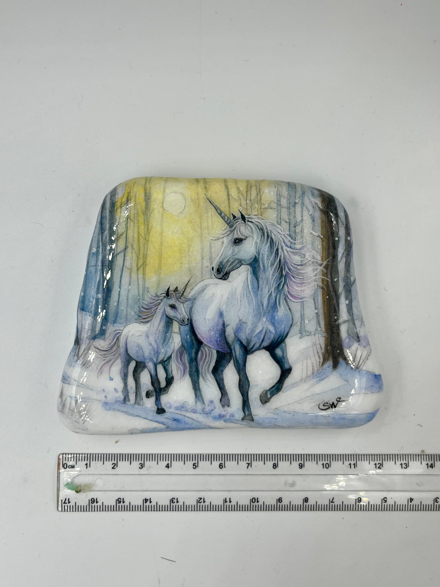 Einzigartig handbemalte Stein-die Einhorn Mama und Kind -inklusive Tischstaffelei