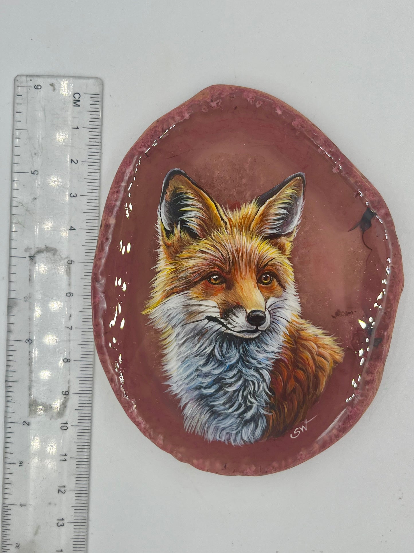 Einzigartige bemalt Achatscheibe/Der Fuchs /Hand bemalt /Deko/Tierpotrait/ink.Metallständer
