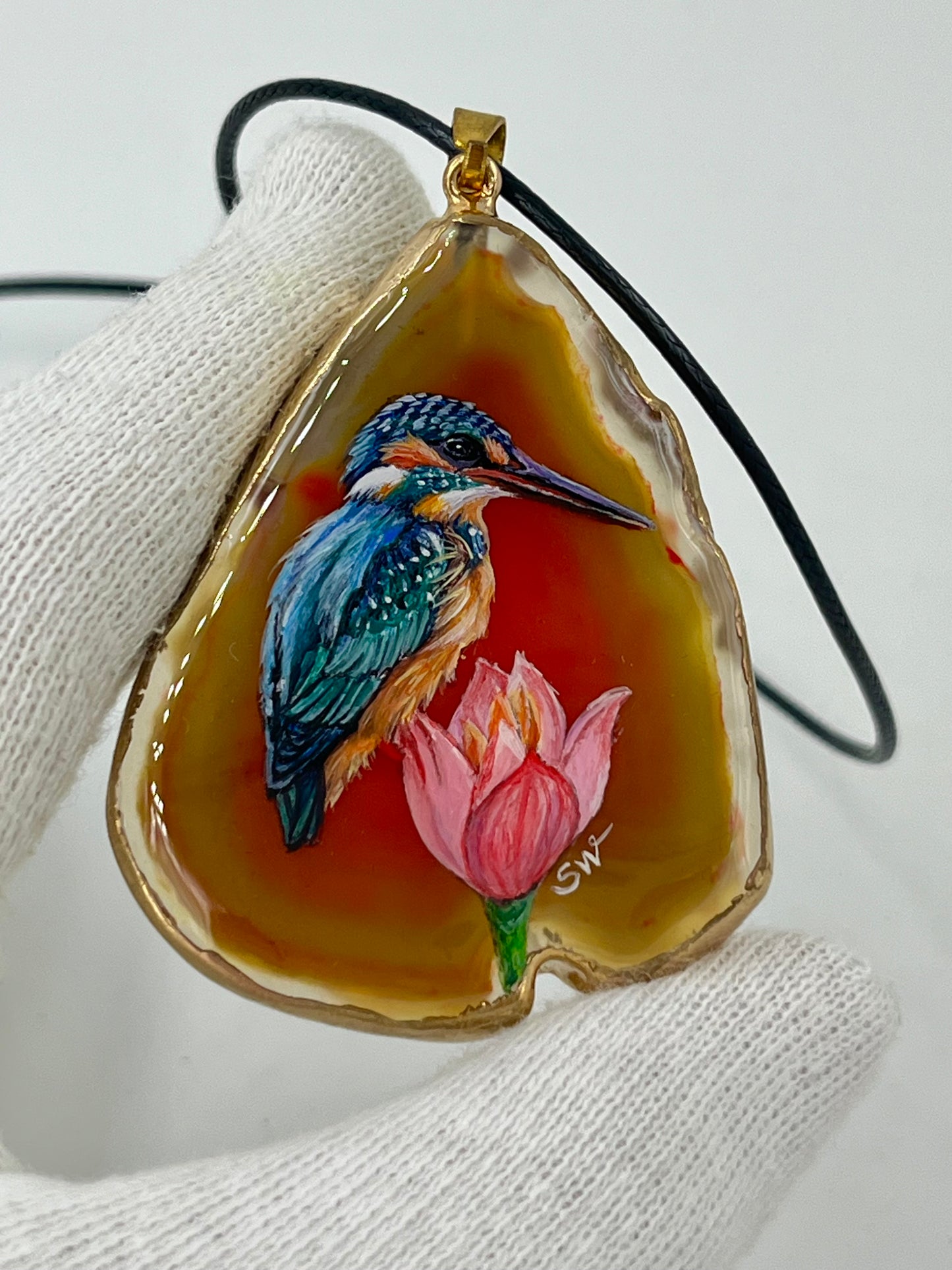 Einzigartige Anhänger /der Eisvogel /Achat/Hand bemalt