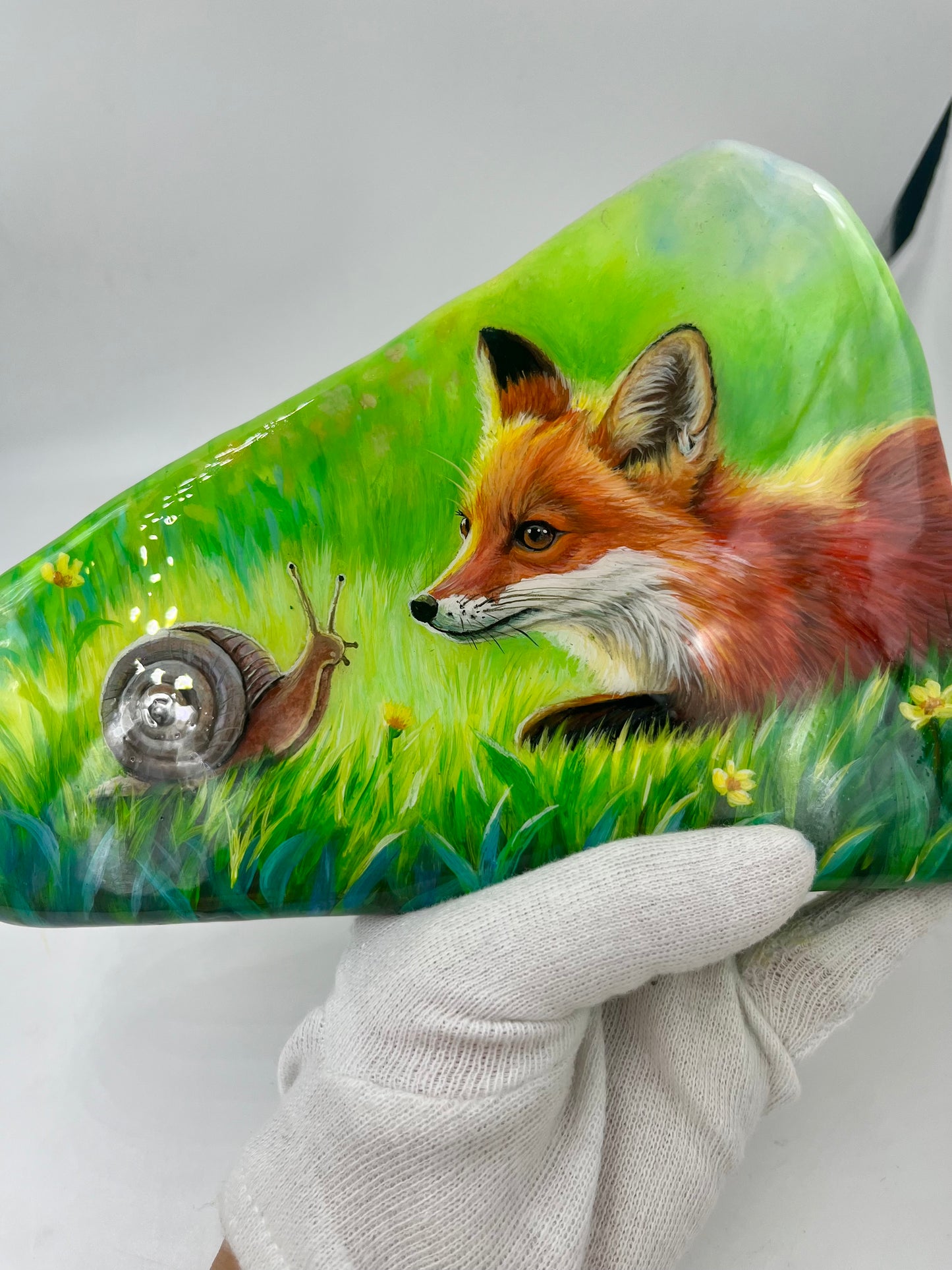 Einzigartig handbemalte Große stein/Der kleine Fuchs und die kleine Schnecke /inklusive Tischstaffelei