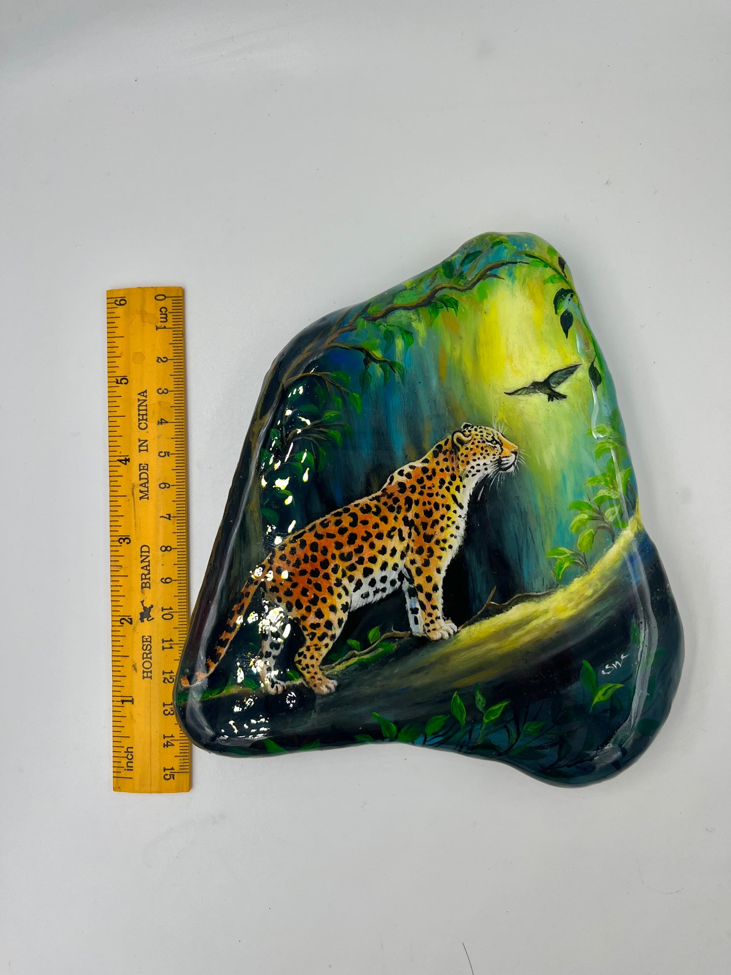 Einzigartig handbemalte Große stein/der Leopard und der Vogel/inklusive Tischstaffelei