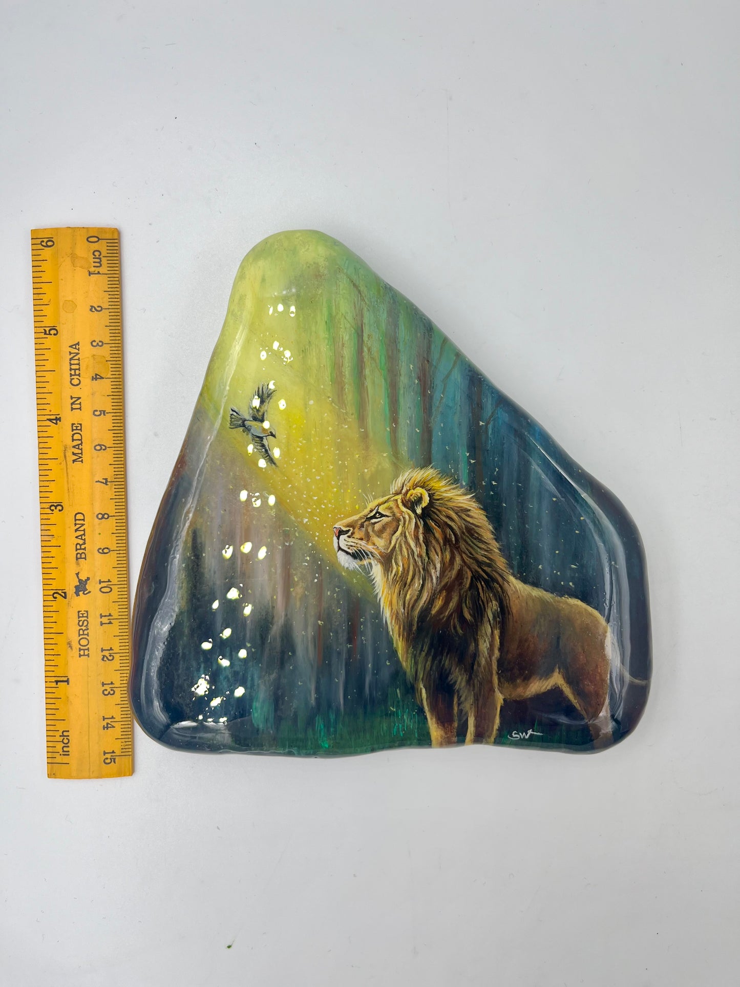Einzigartig handbemalte Große stein/der Löwe und der Vogel/inklusive Tischstaffelei