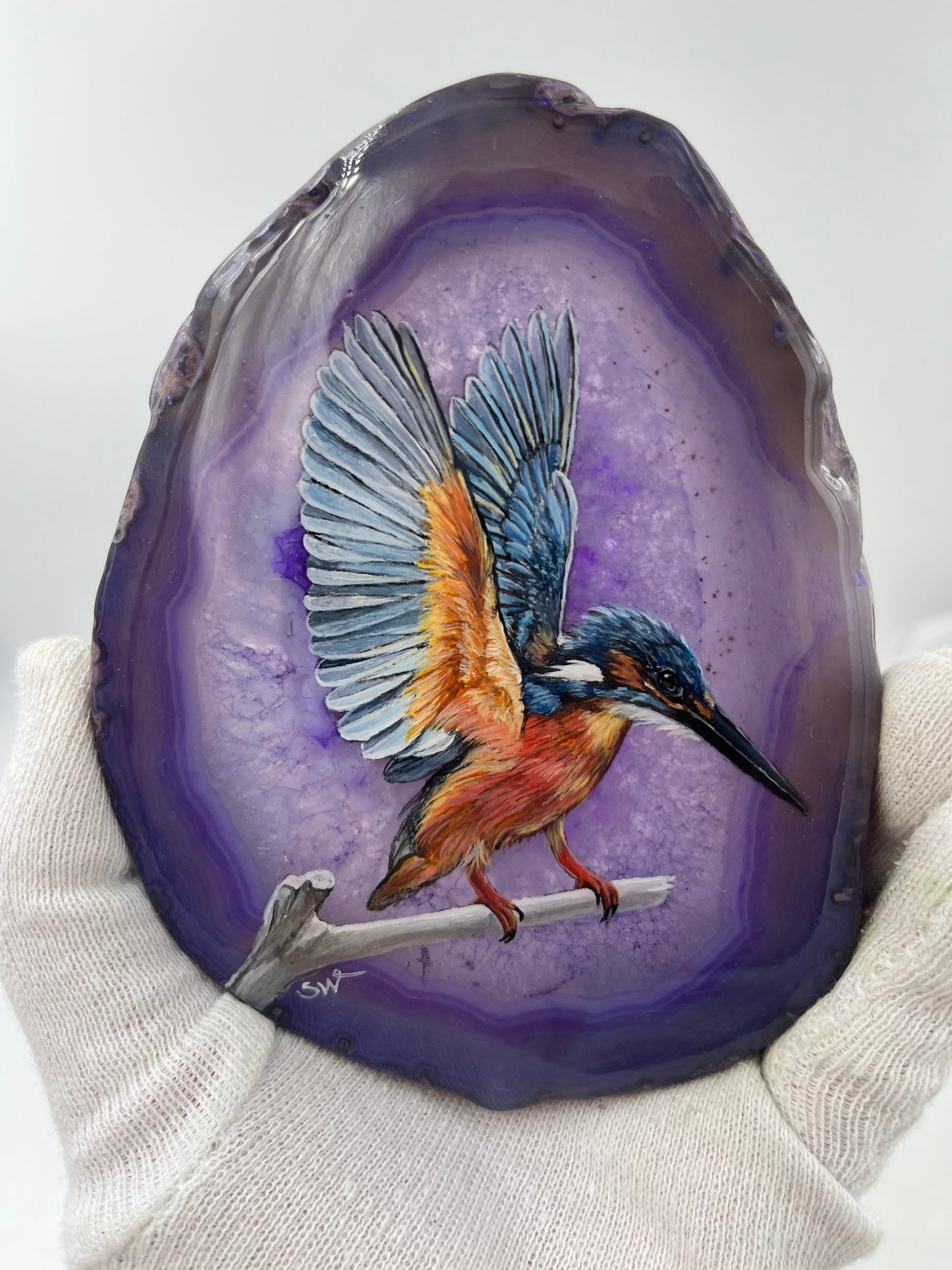 Einzigartige handbemalte Achatscheibe /der Eisvogel/ink.Metallständer