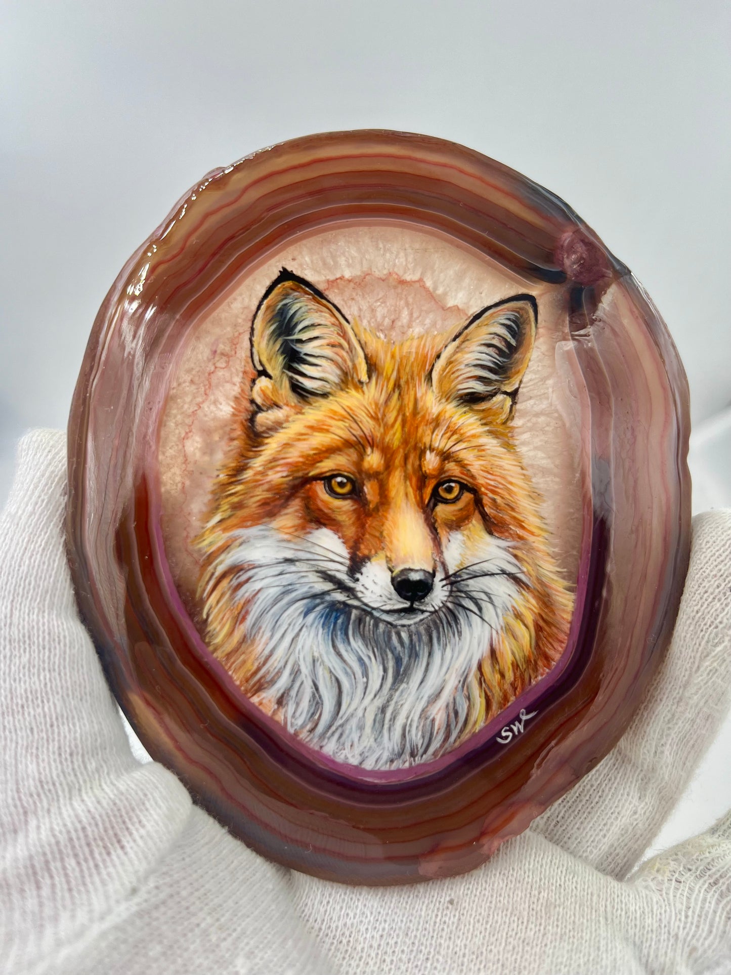 Einzigartige bemalt Achatscheibe/der Fuchs/Hand bemalt /Deko/Tierpotrait/ink.Metallständer