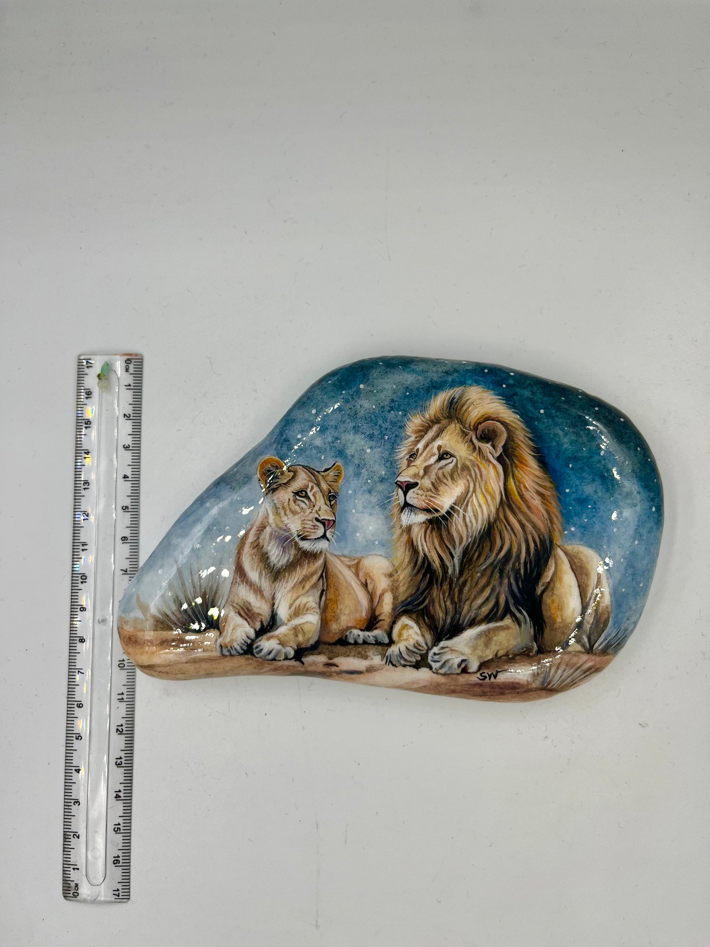 Einzigartig handbemalte Stein-die Löwen -inklusive Tischstaffelei