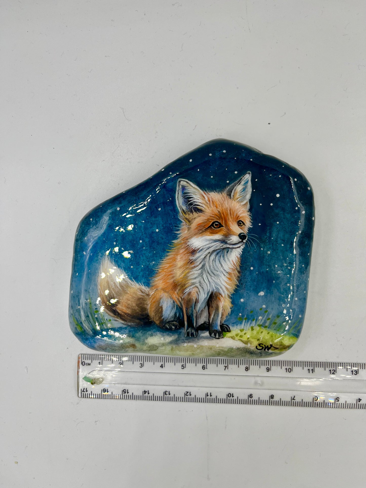 Einzigartig handbemalte Stein-der kleine Fuchs-inklusive Tischstaffelei