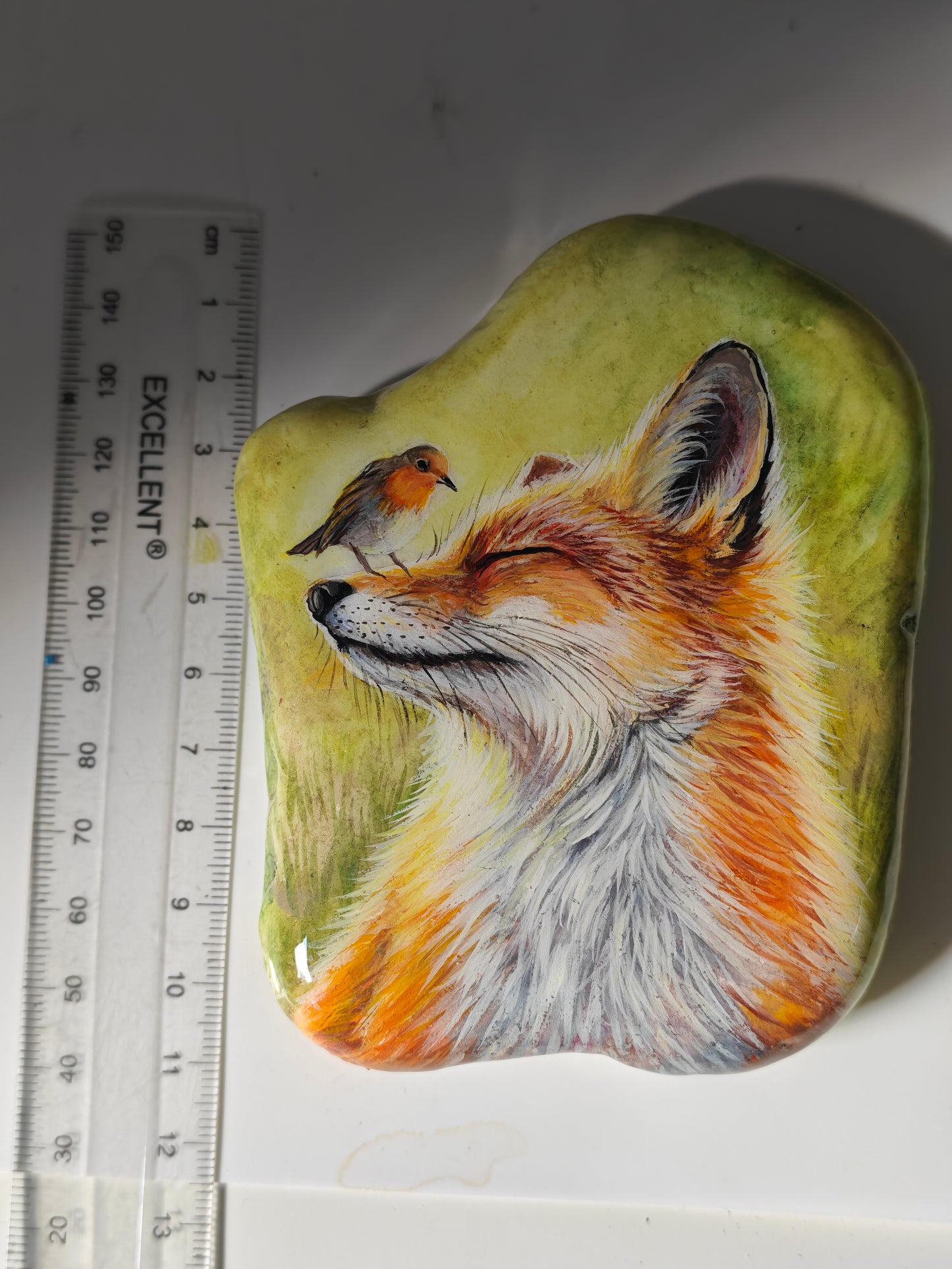Einzigartig handbemalte Stein/der Fuchs und der Vogel /inklusive Tischstaffele