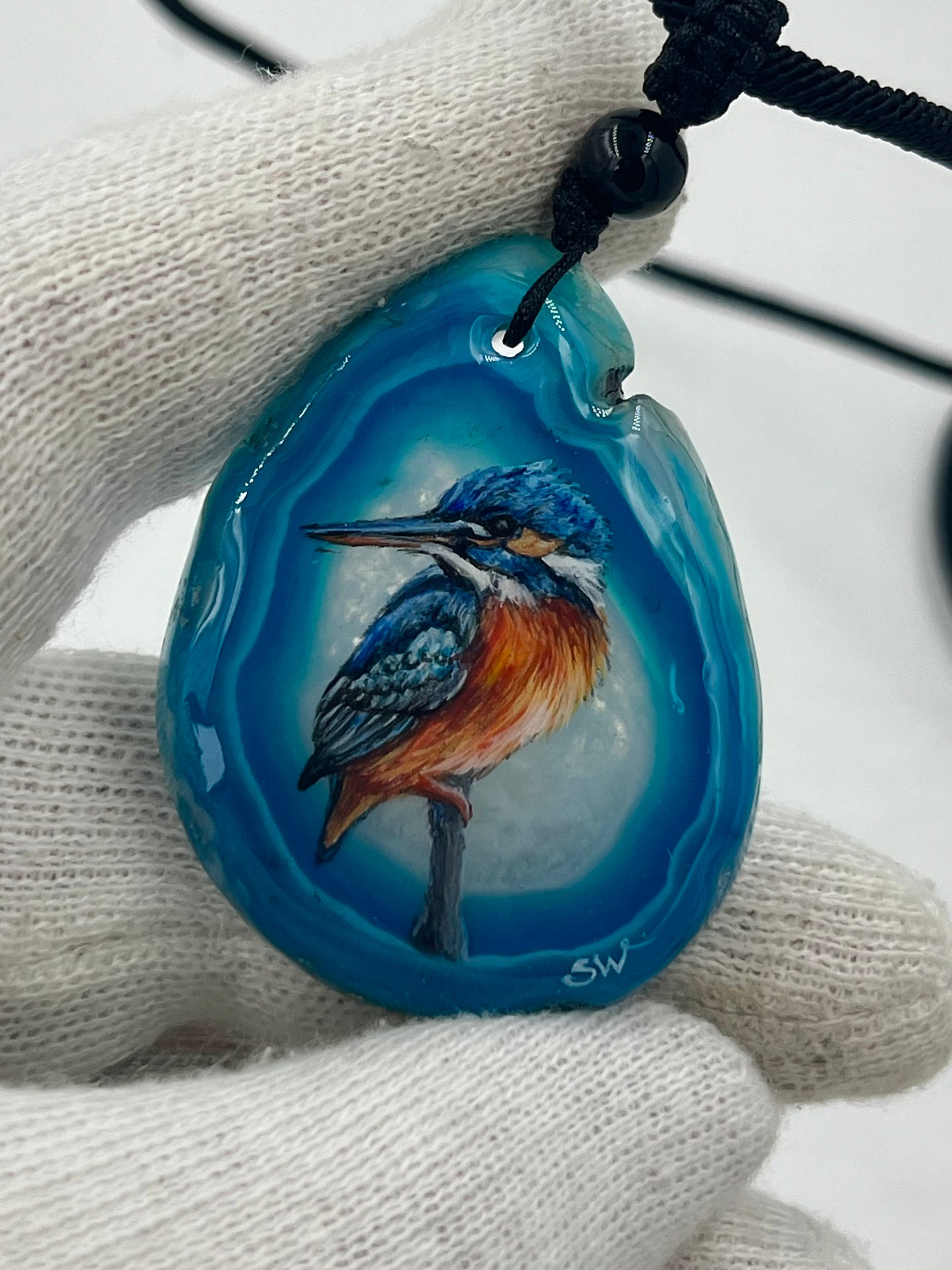 Einzigartige Anhänger /Der Eisvogel/Achat/Hand bemalt Juwelen und tragbare Kunst /Natur Schmuck