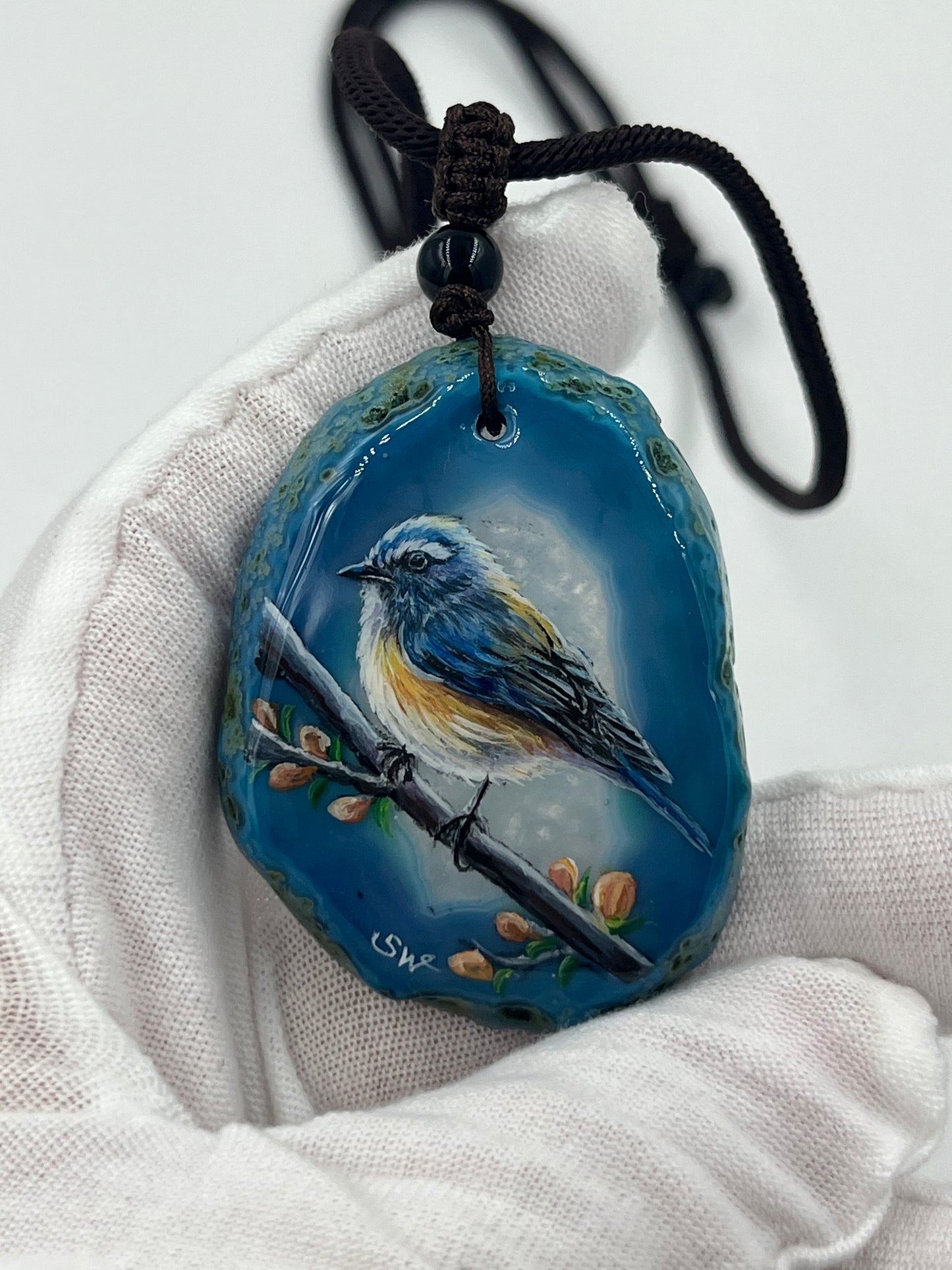 Einzigartige Anhänger /Slaty-blue Flycatcher/Achat/Hand bemalt Juwelen und tragbare Kunst /Natur Schmuck
