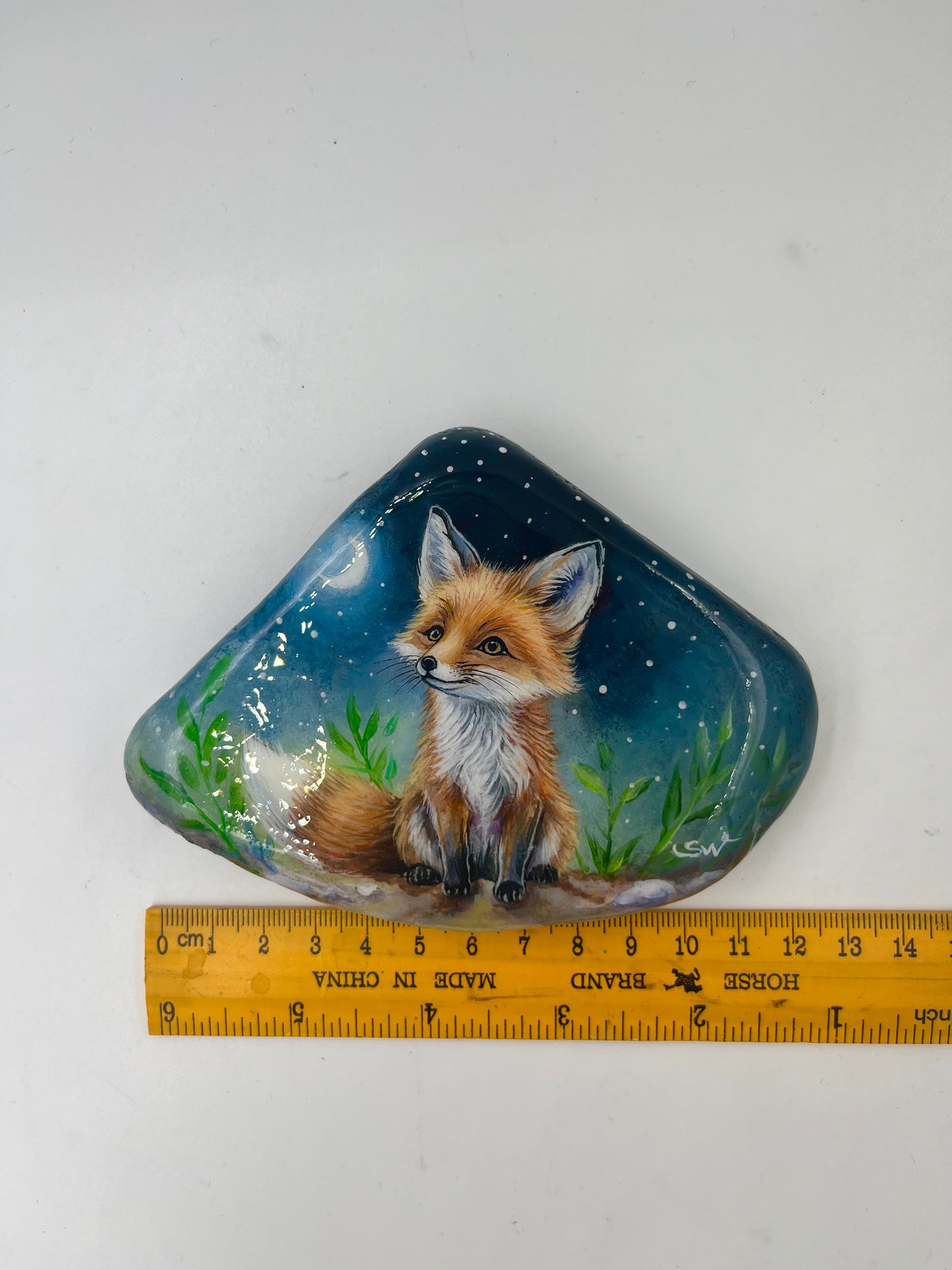 Einzigartig handbemalte Stein-der Fuchs/inklusive Tischstaffelei
