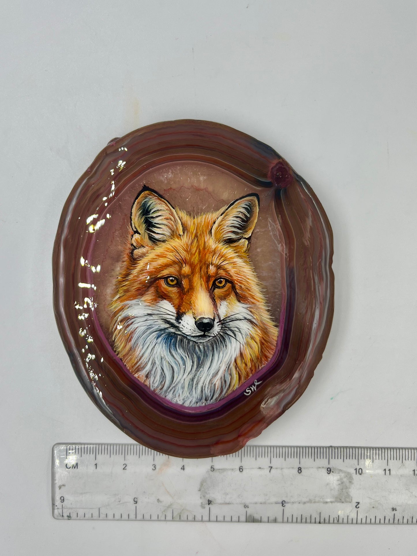 Einzigartige bemalt Achatscheibe/der Fuchs/Hand bemalt /Deko/Tierpotrait/ink.Metallständer