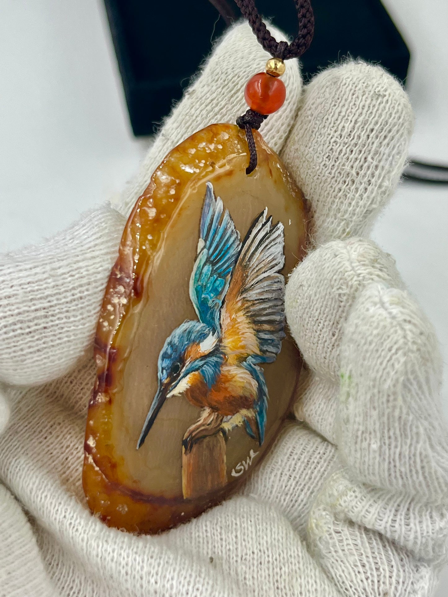 Einzigartige Anhänger /der Eisvogel/Achat/Hand bemalt