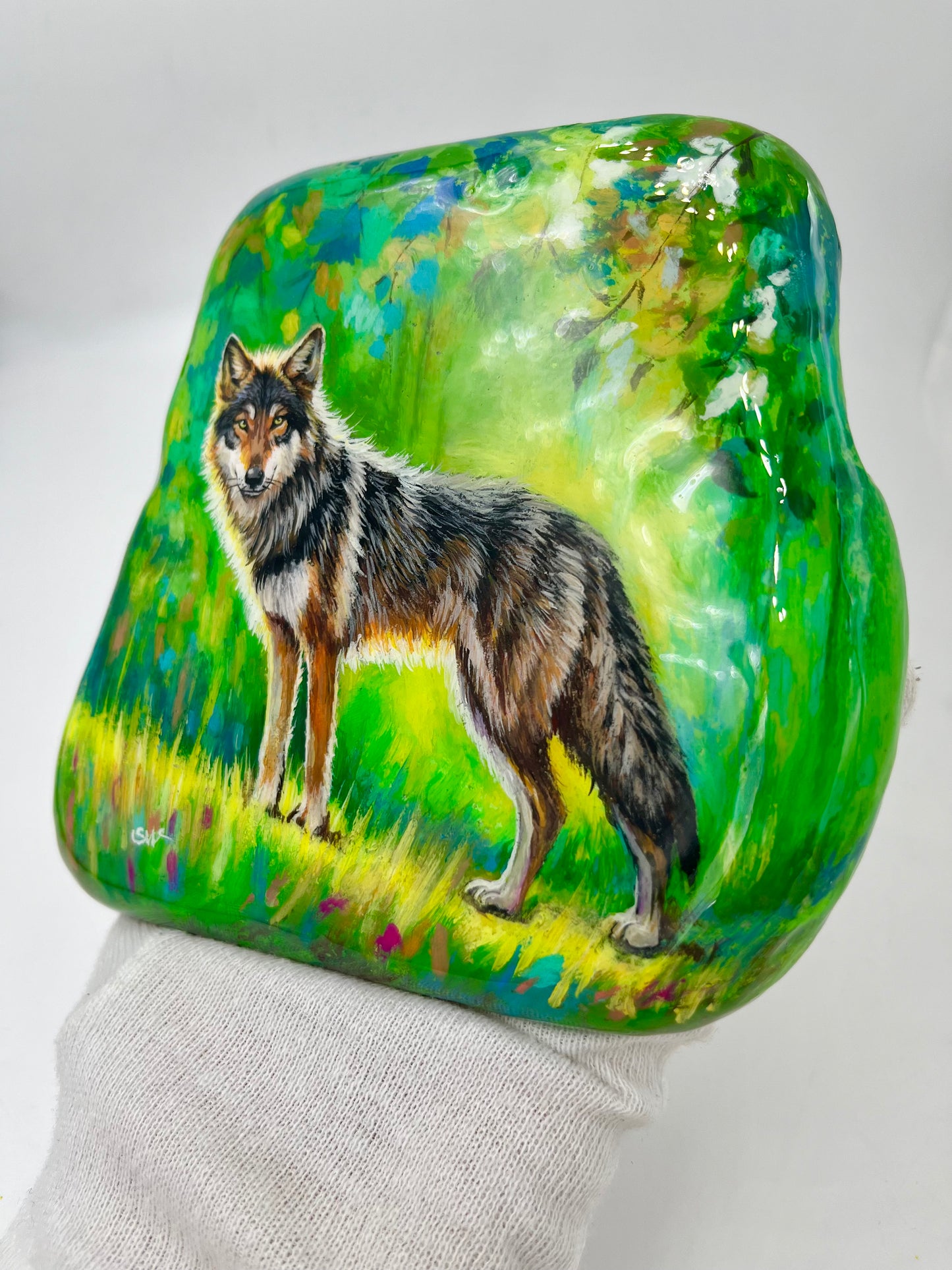 Einzigartig handbemalte Stein/der Wolf /inklusive Tischstaffelei